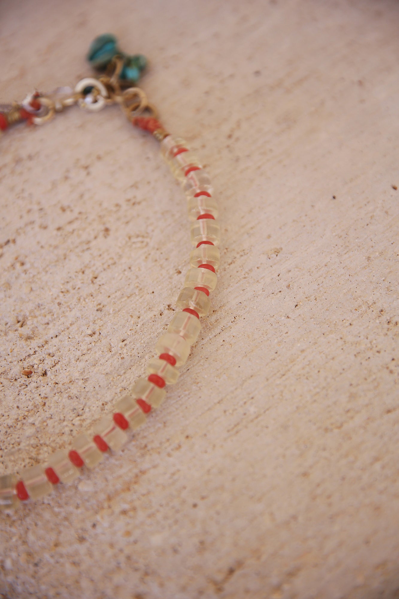 Necklace with Lemon Quartz, Java Glass Donut Beads, Brass Findings, Turquoise and Seed Pearl charms