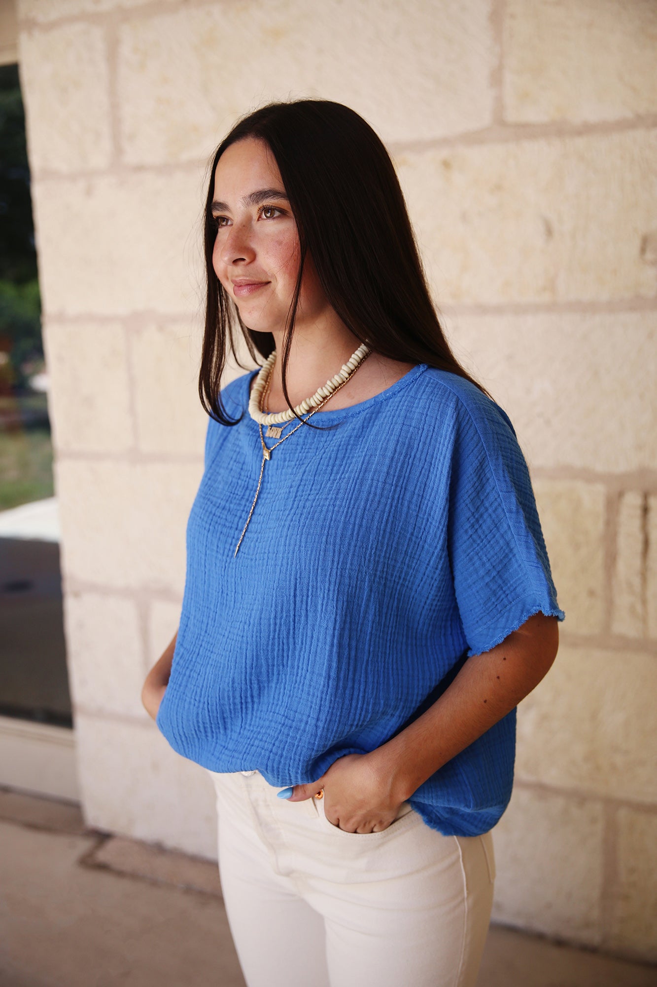 Organic Cotton Lofty Gauze Bateau Neck Top Calypso