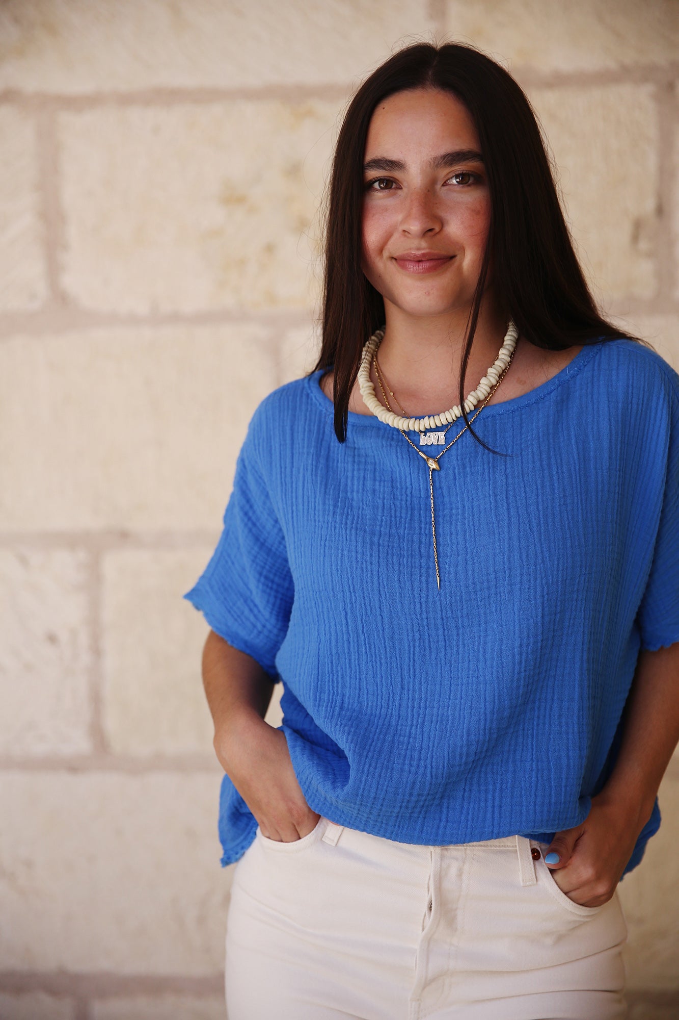 Organic Cotton Lofty Gauze Bateau Neck Top Calypso