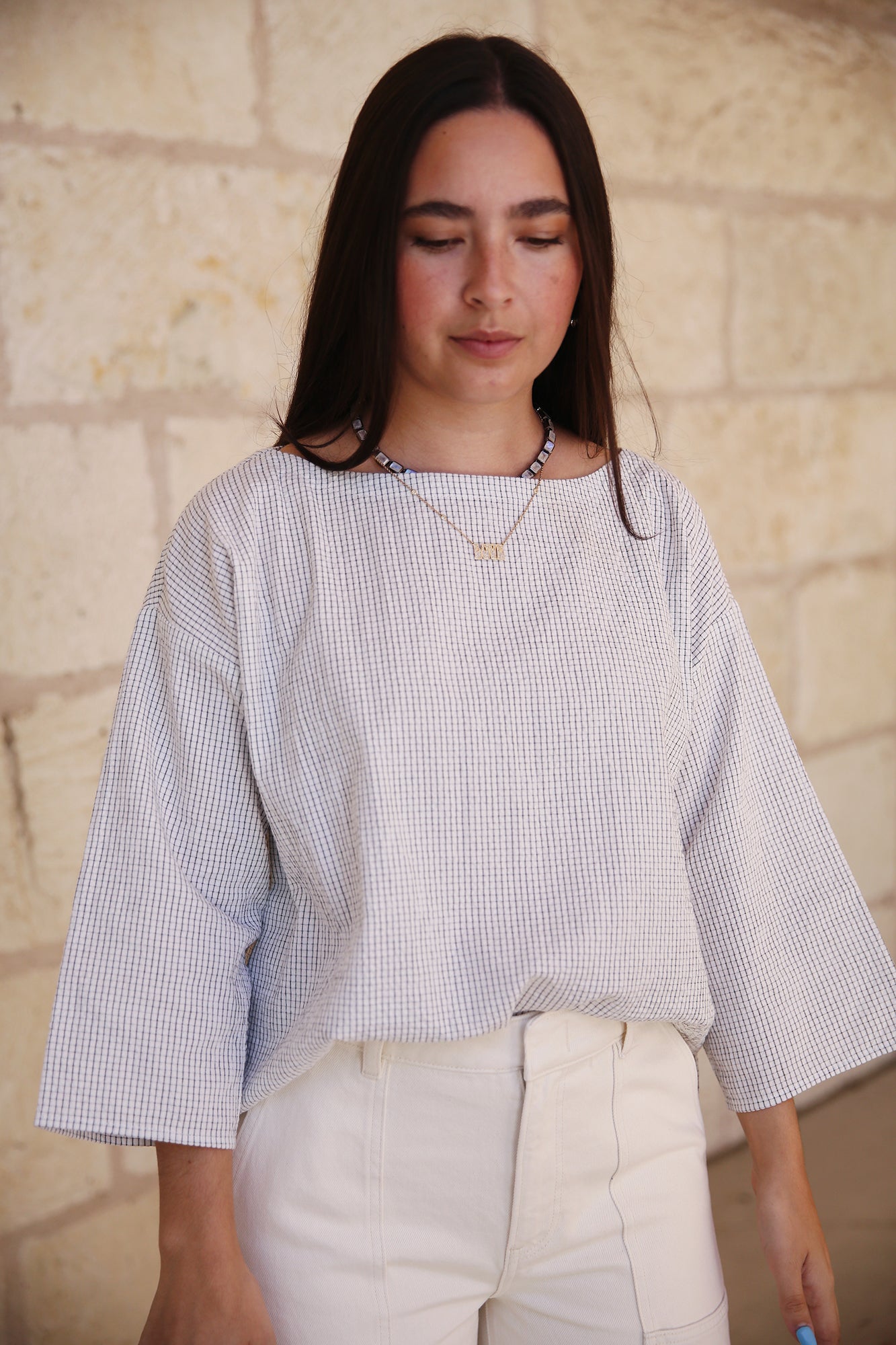 Organic Cotton Ripple Checkered Box-Top 3/4 Sleeve