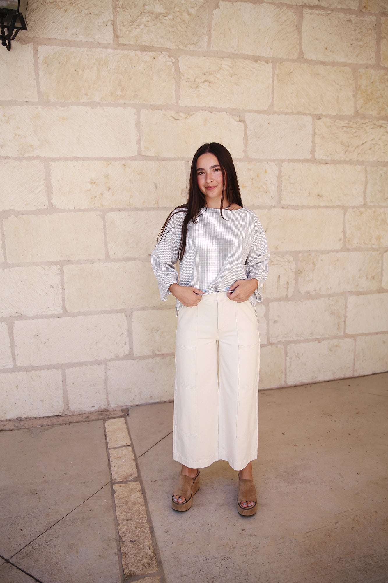 Organic Cotton Ripple Checkered Box-Top 3/4 Sleeve