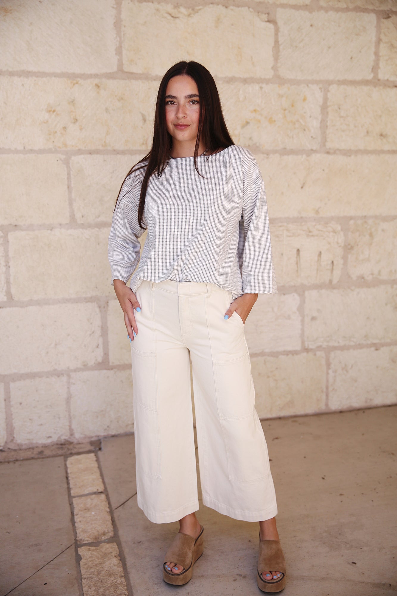 Organic Cotton Ripple Checkered Box-Top 3/4 Sleeve