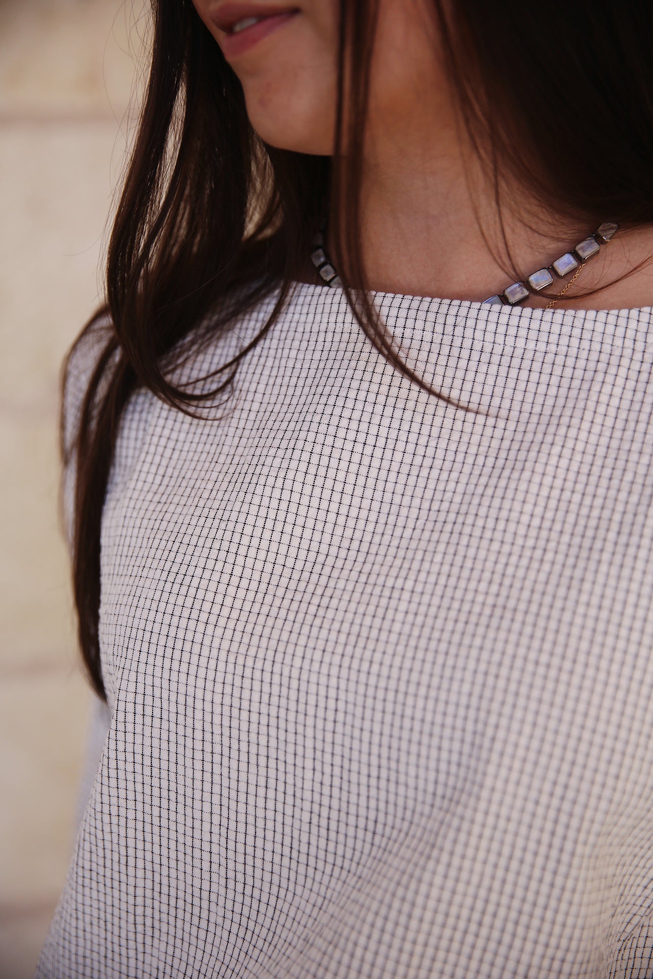 Organic Cotton Ripple Checkered Box-Top 3/4 Sleeve