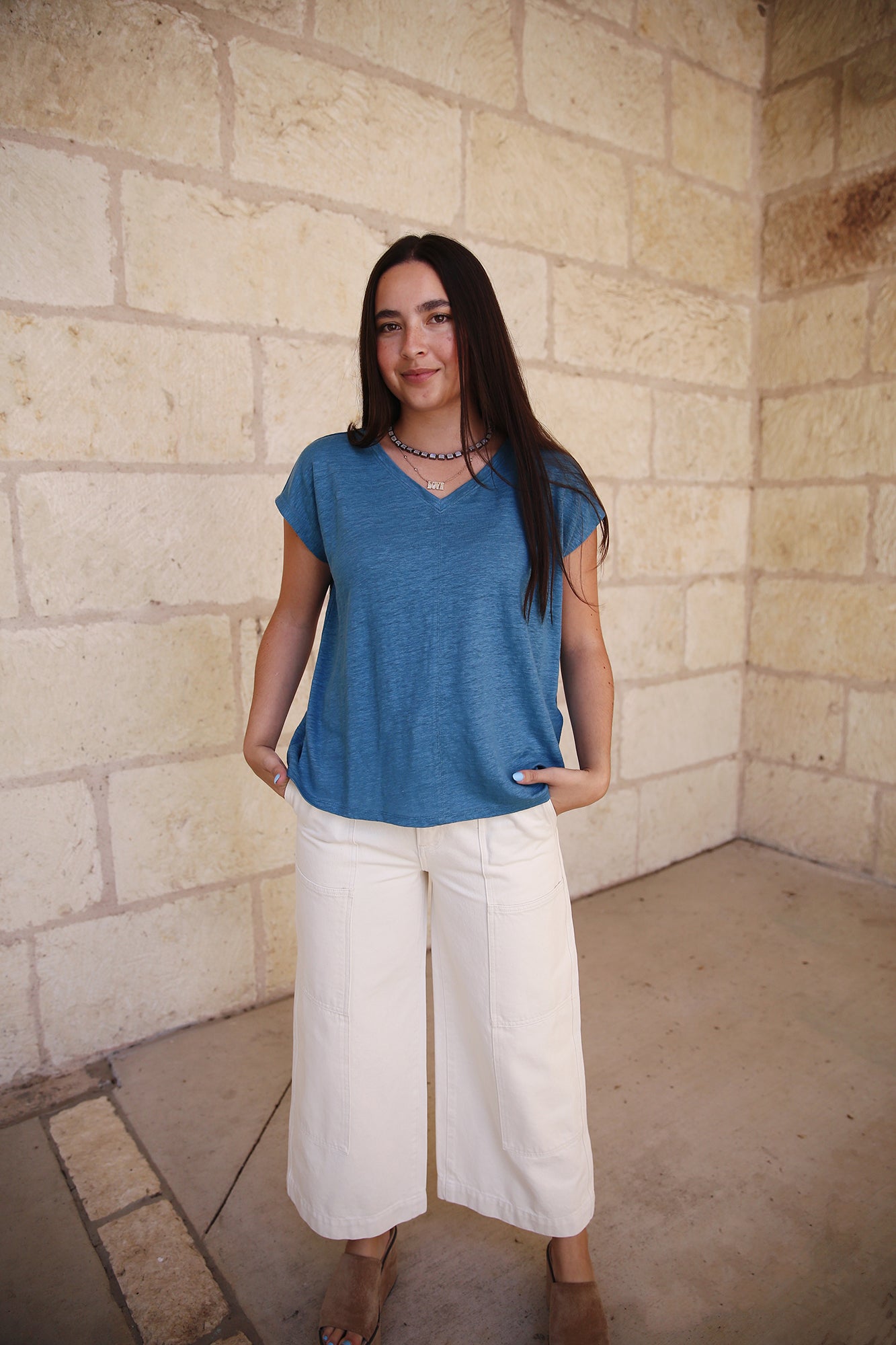 Organic Linen Jersey V Neck Tee Cascade