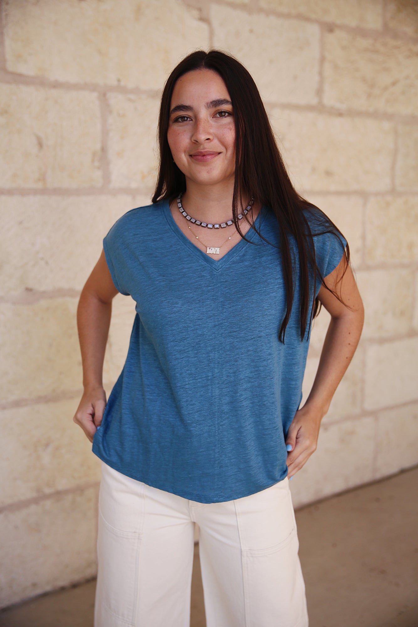 Organic Linen Jersey V Neck Tee Cascade