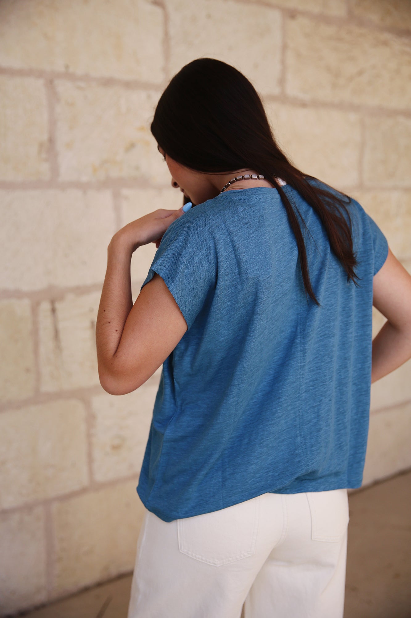 Organic Linen Jersey V Neck Tee Cascade