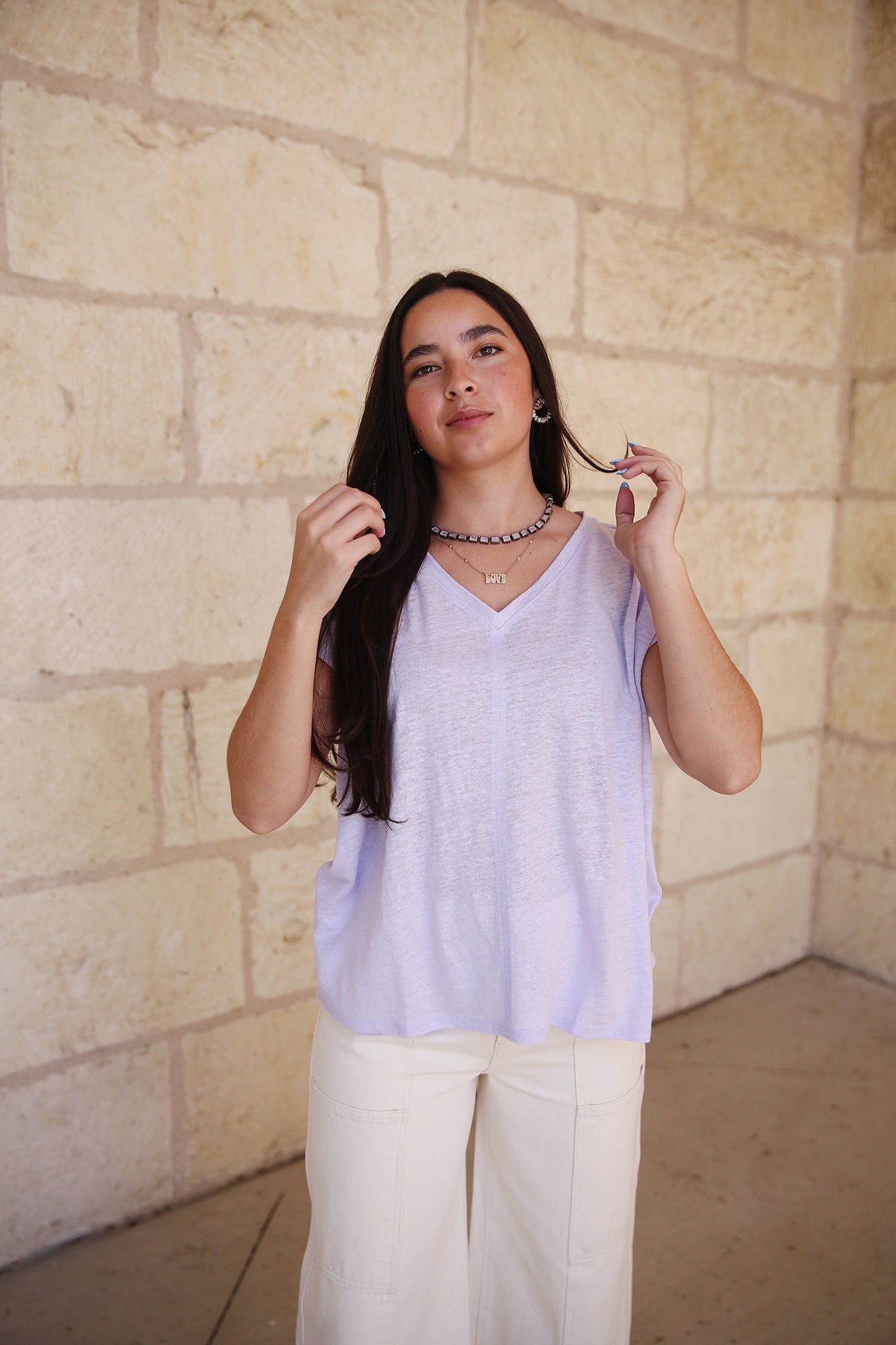 Organic Linen Jersey V Neck Tee Wisteria