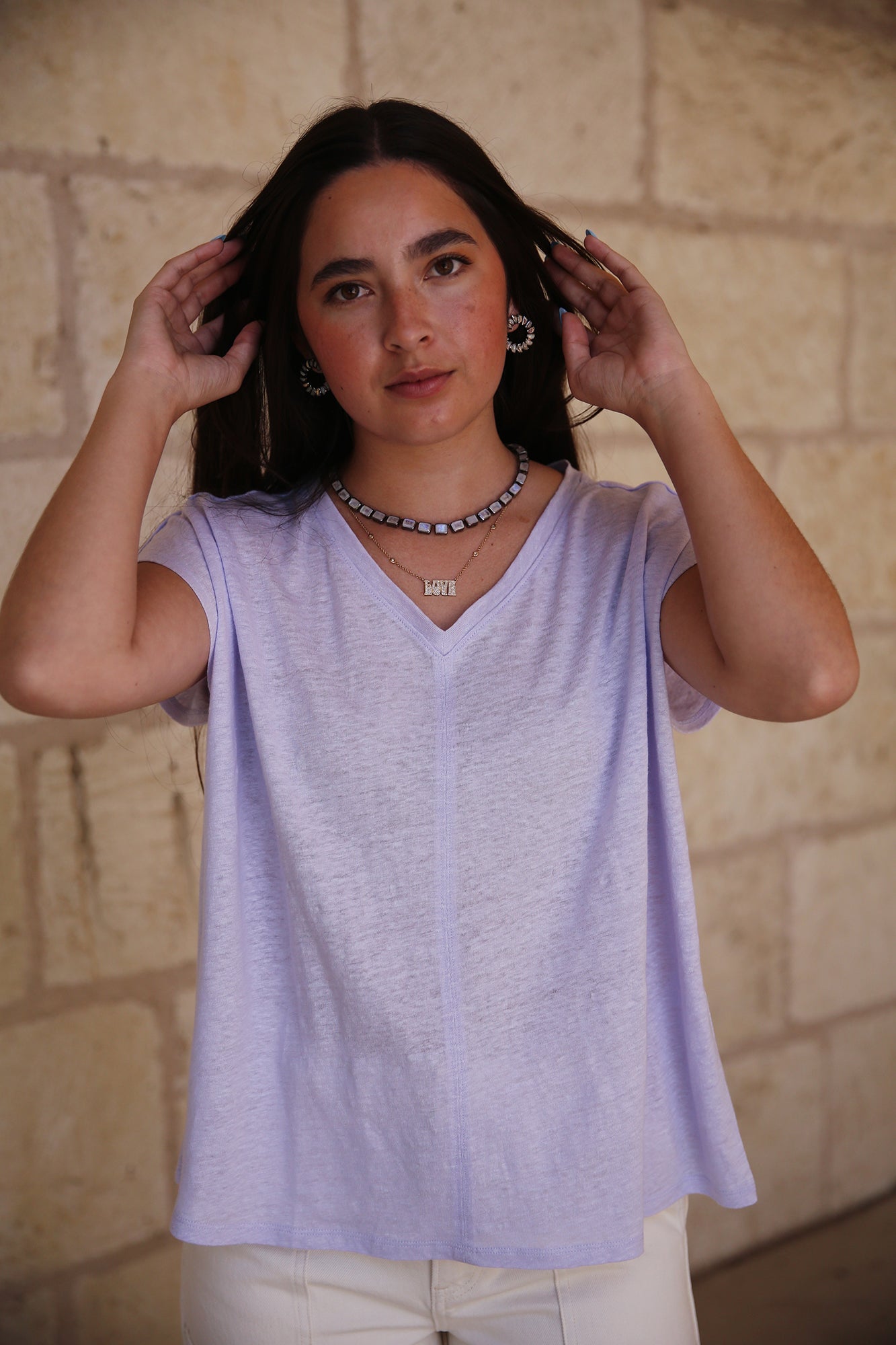 Organic Linen Jersey V Neck Tee Wisteria