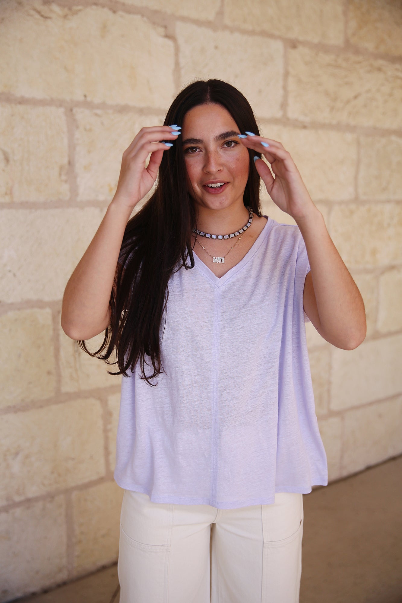 Organic Linen Jersey V Neck Tee Wisteria