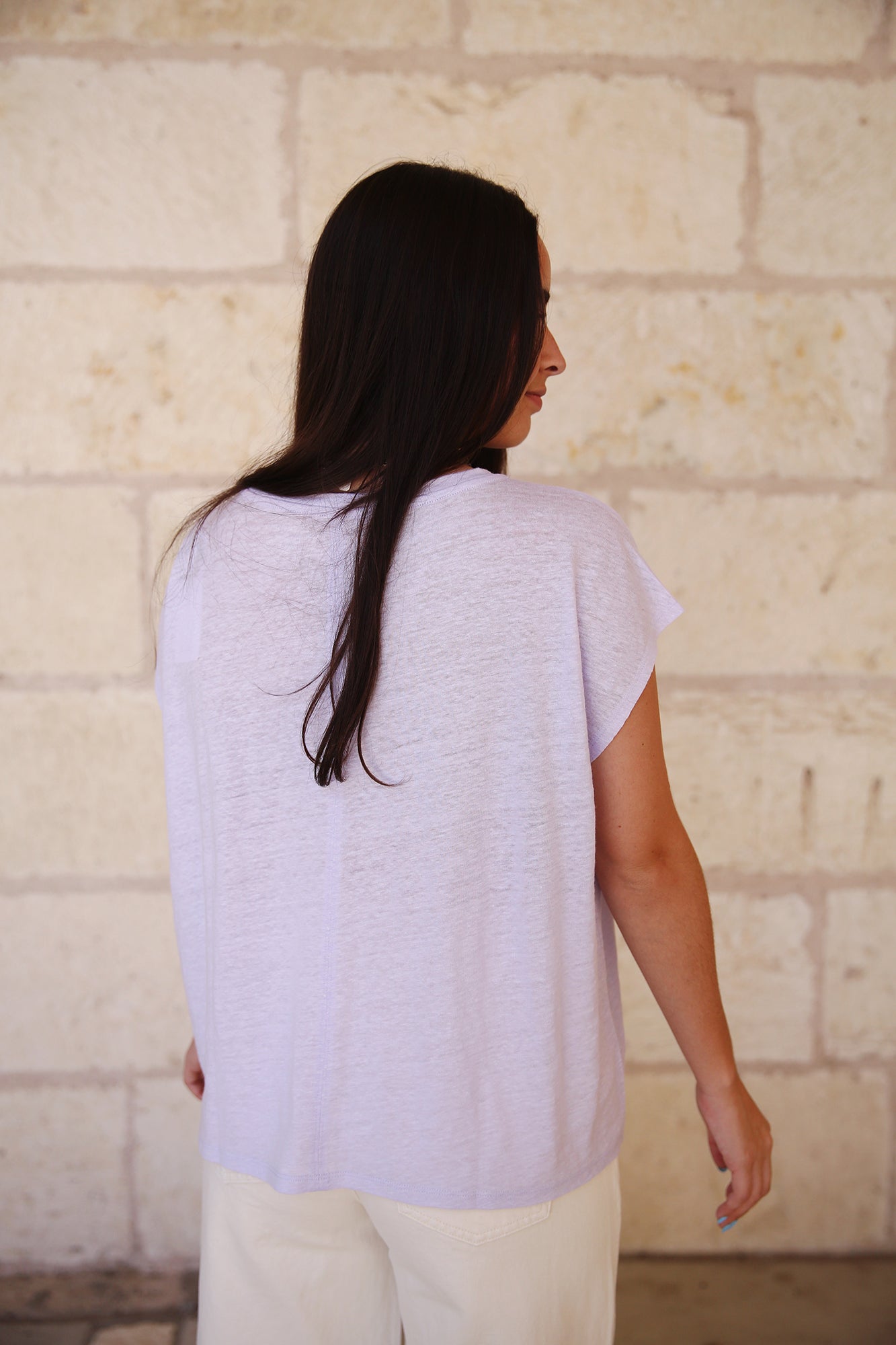 Organic Linen Jersey V Neck Tee Wisteria