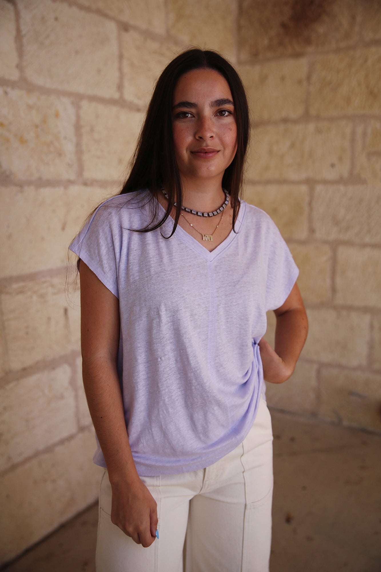 Organic Linen Jersey V Neck Tee Wisteria