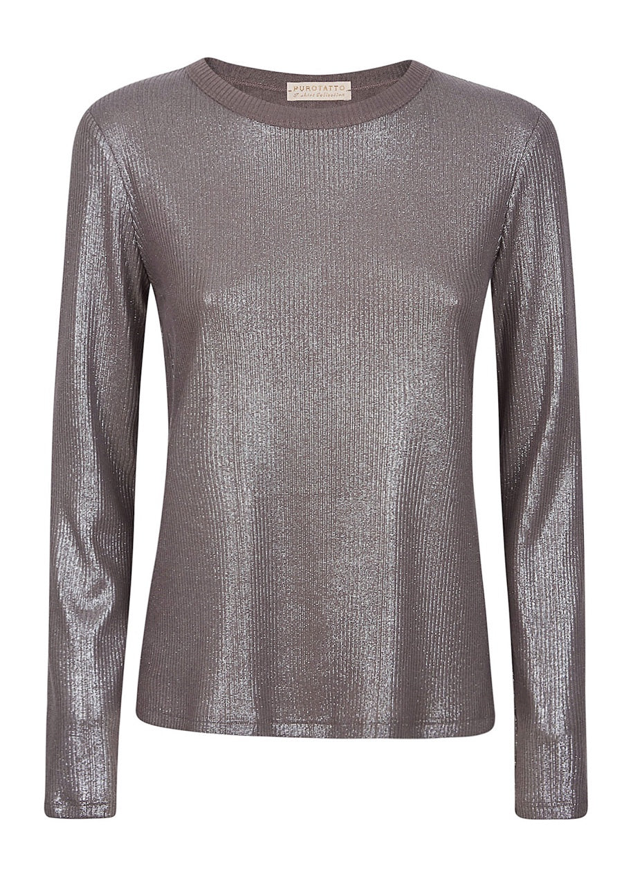 Lamé Round Neck Long Sleeve T-Shirt