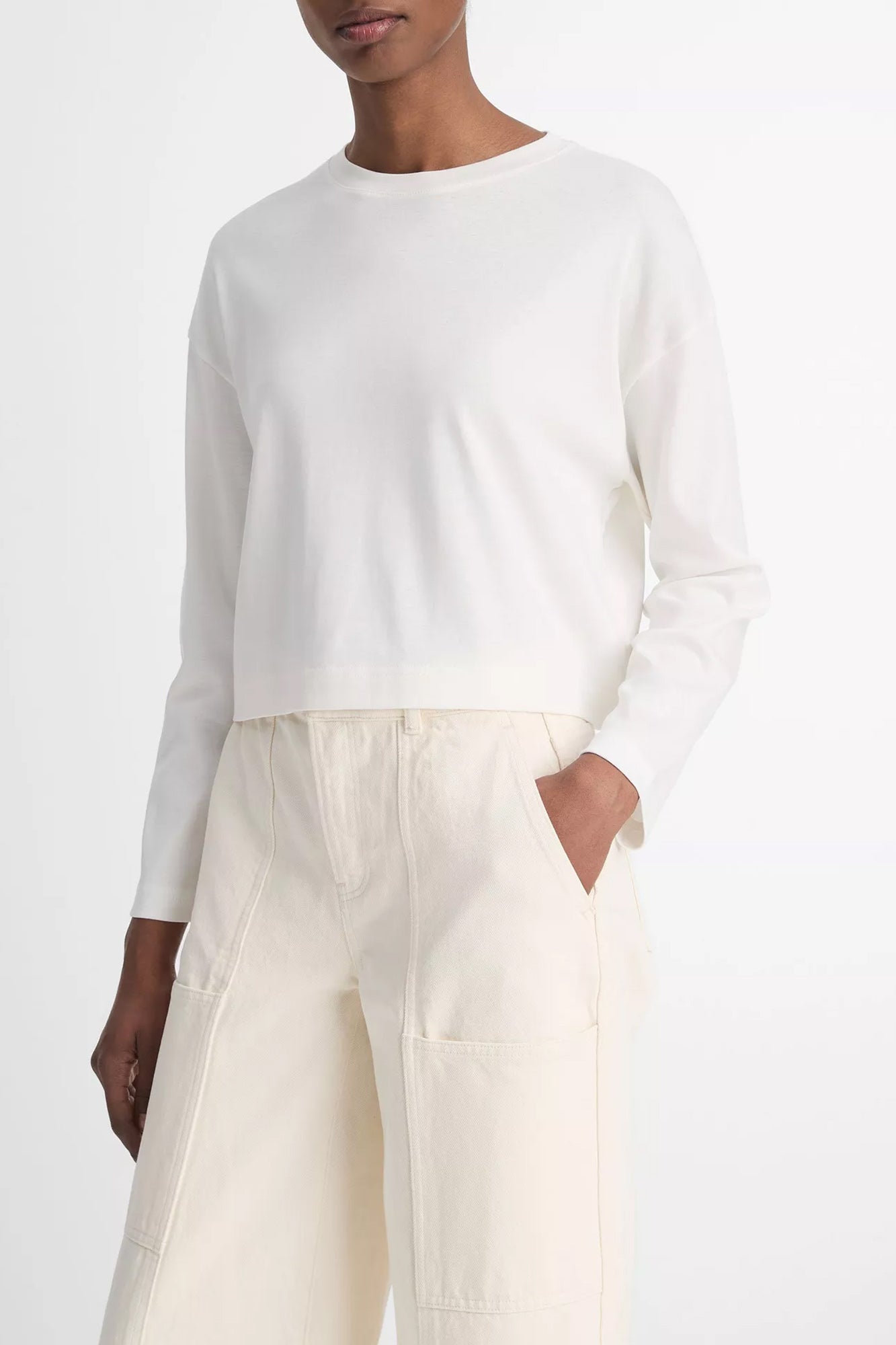 Pima Cotton Longsleeve Cropped T-Shirt Off White