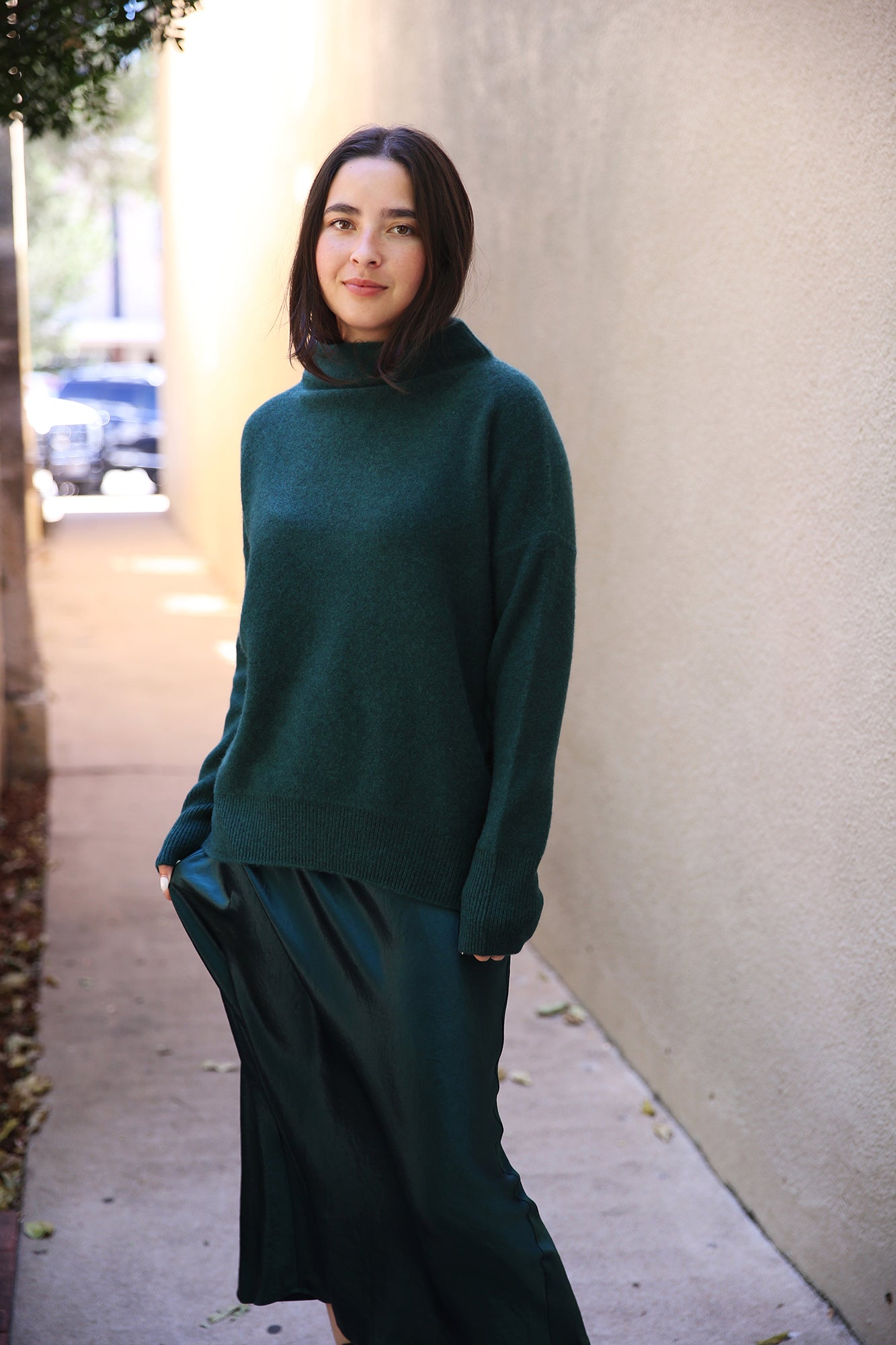 Plush Cashmere Funnel Neck Sweater Heather Jade Lake