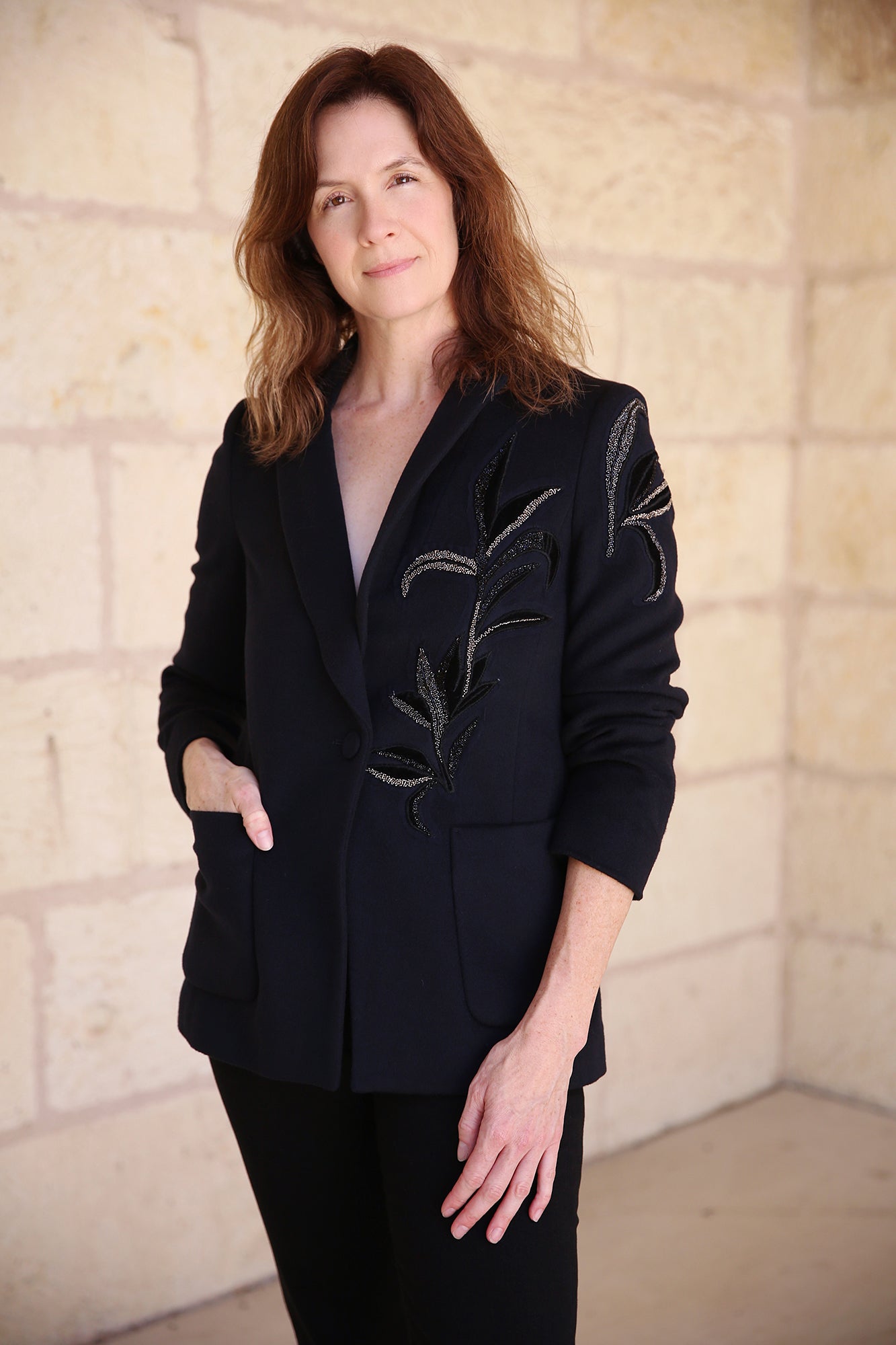 Poetry Motion Blazer With Floral Glitter Appliqué Midnight Blue