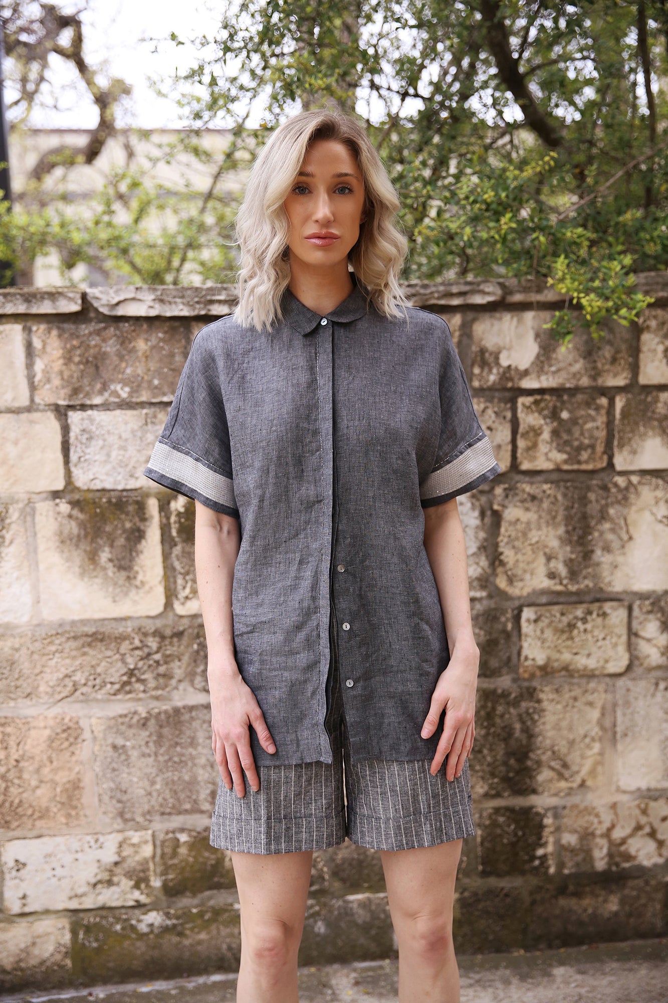 Detail On Short Sleeve Linen Button Down Shirt
