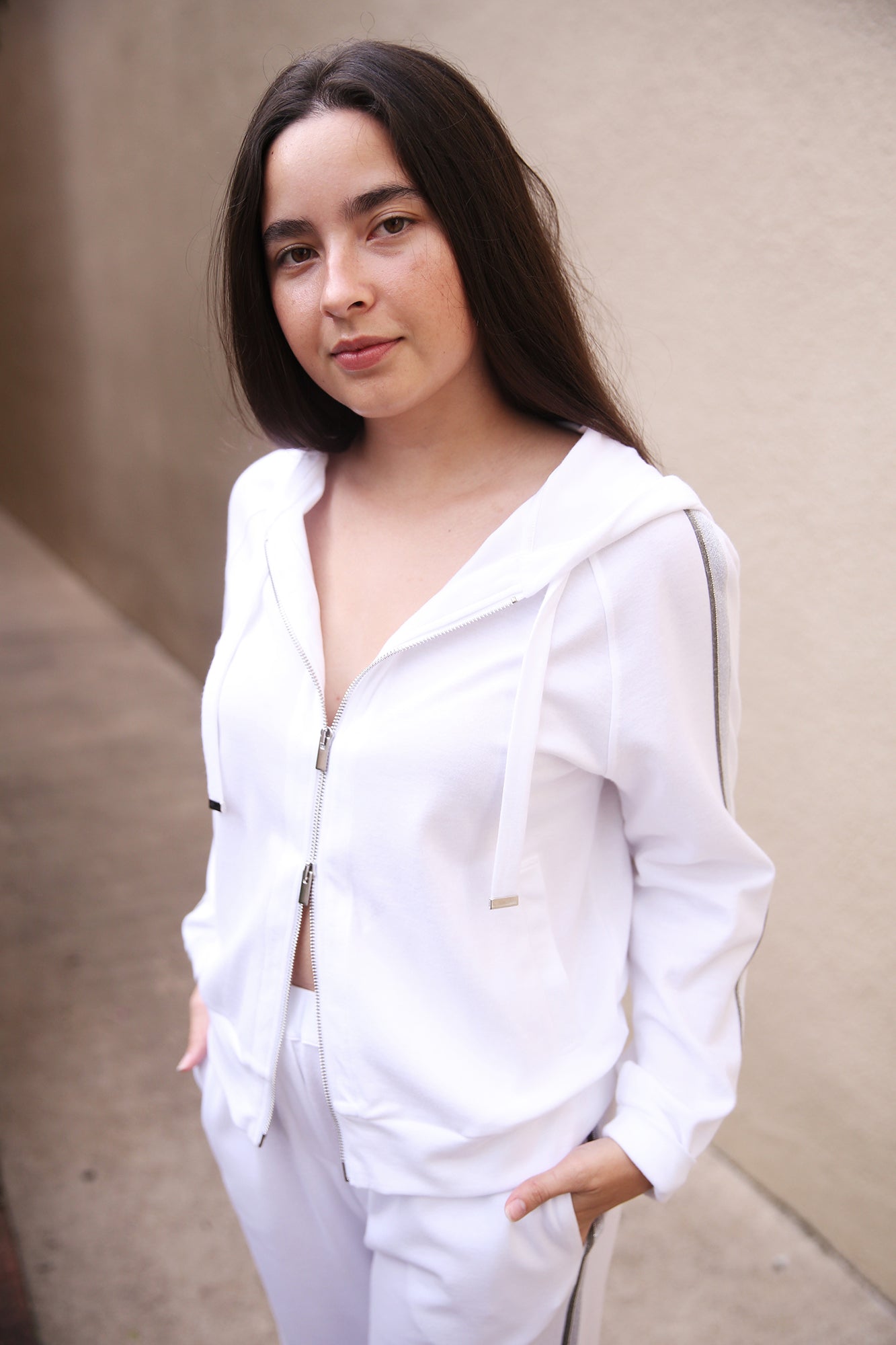 White With Grey And Silver Side Stripe Hooded Zip Sweatshirt