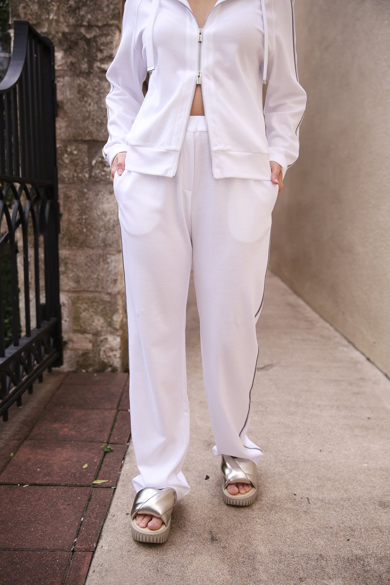 White With Grey And Silver Side Stripe Trouser