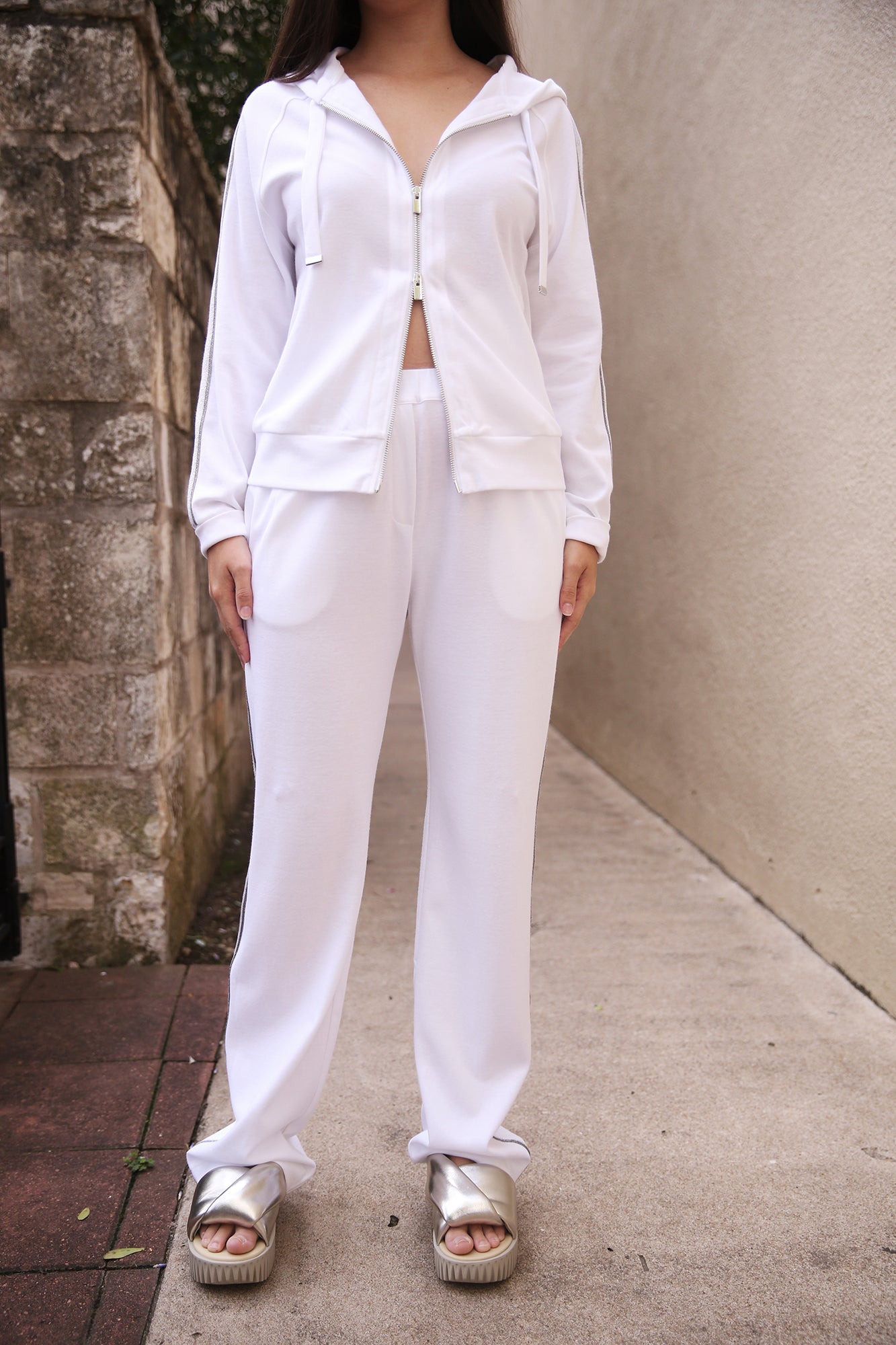White With Grey And Silver Side Stripe Trouser