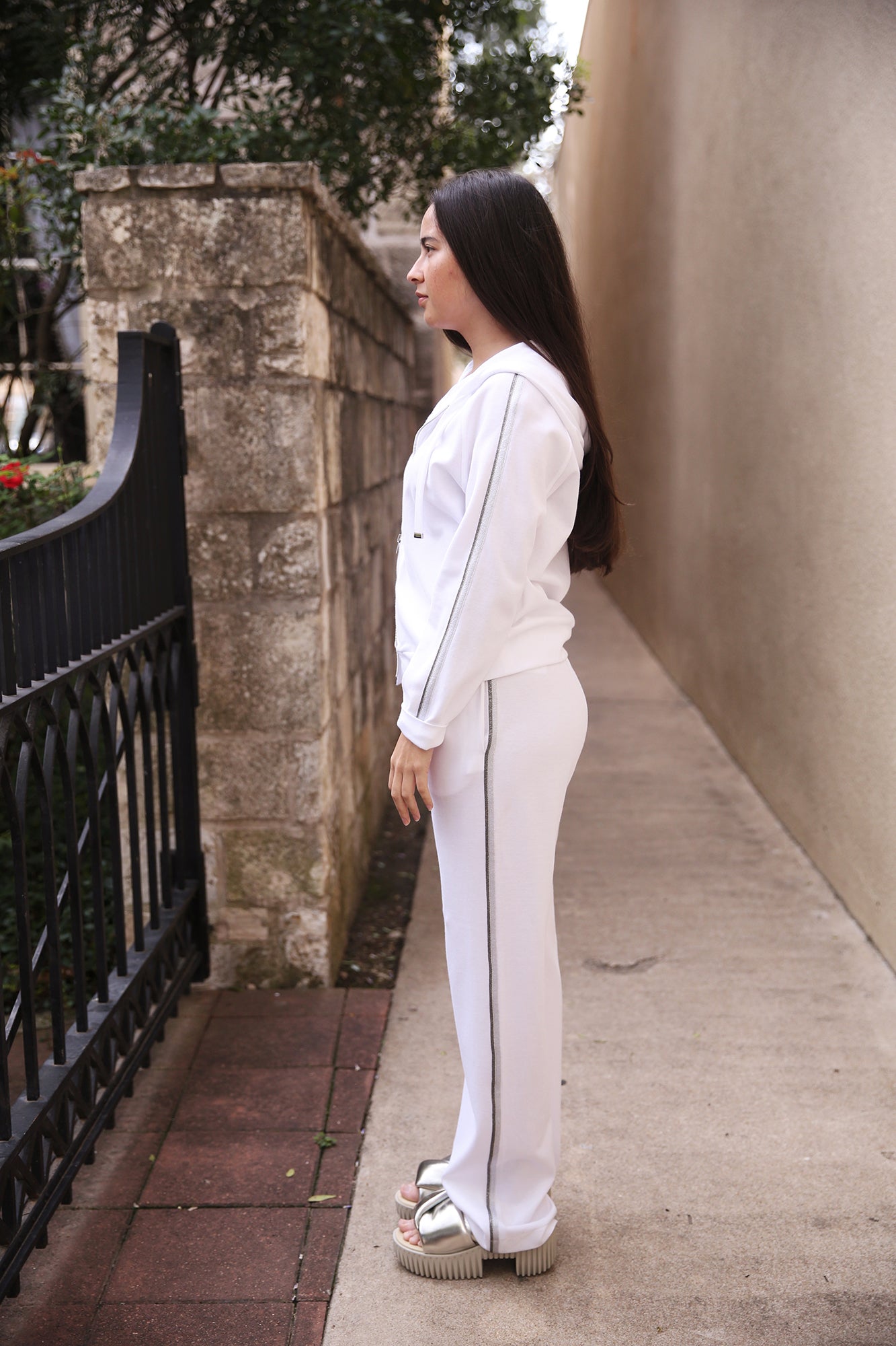 White With Grey And Silver Side Stripe Trouser