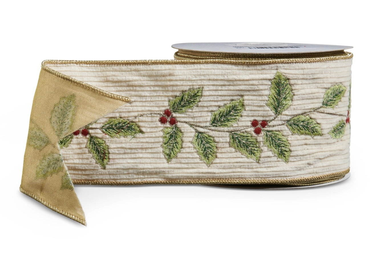 Corduroy with Holly Pattern Wired Ribbon