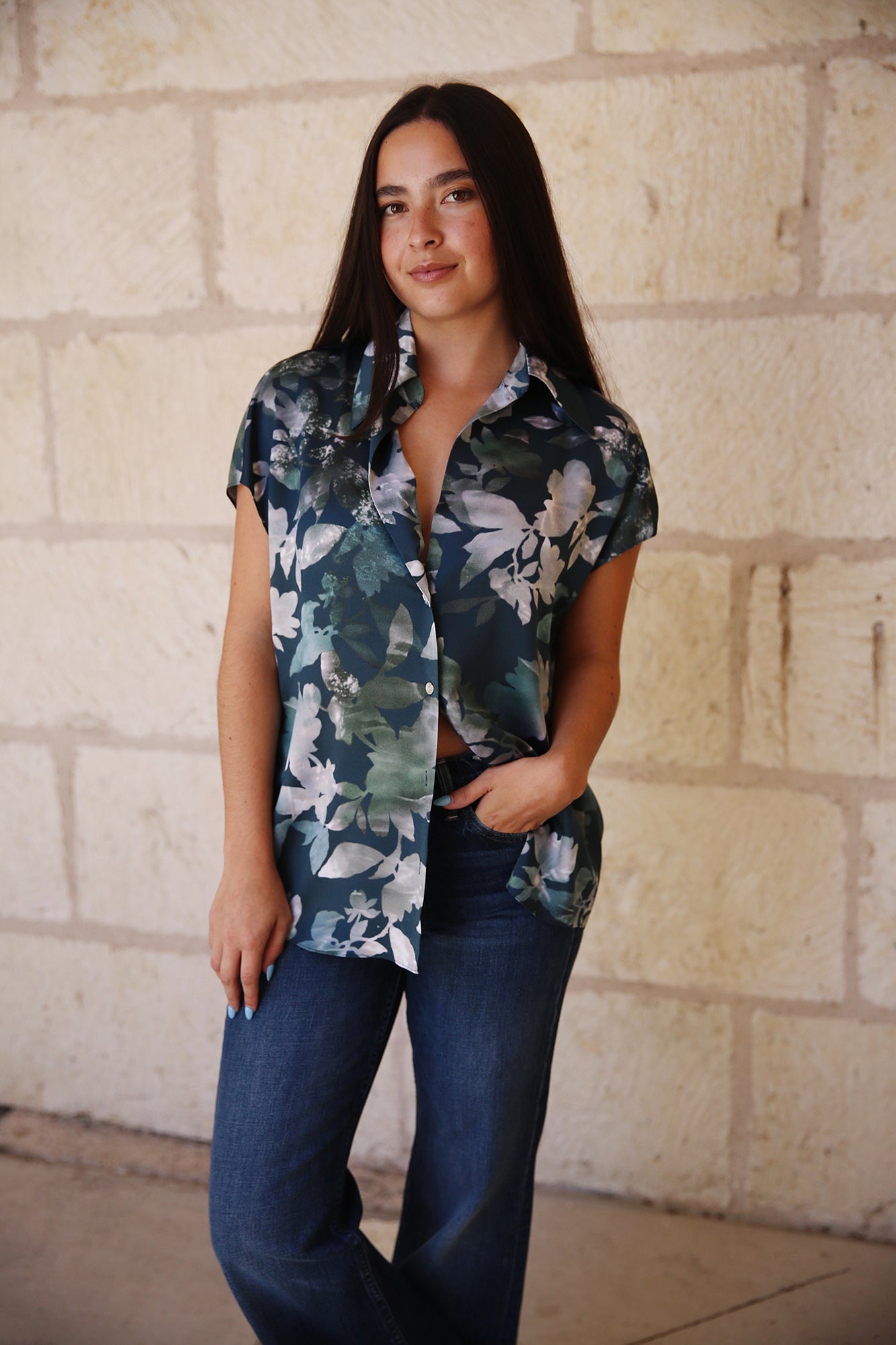 Shimmer Lake Ruched BK Cap Sleeve Silk Blouse Deep Sea