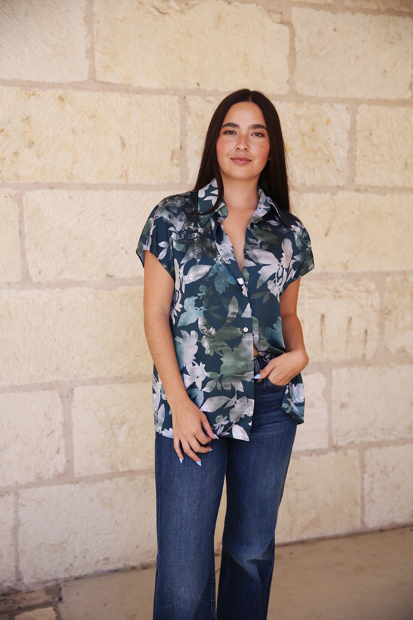 Shimmer Lake Ruched BK Cap Sleeve Silk Blouse Deep Sea