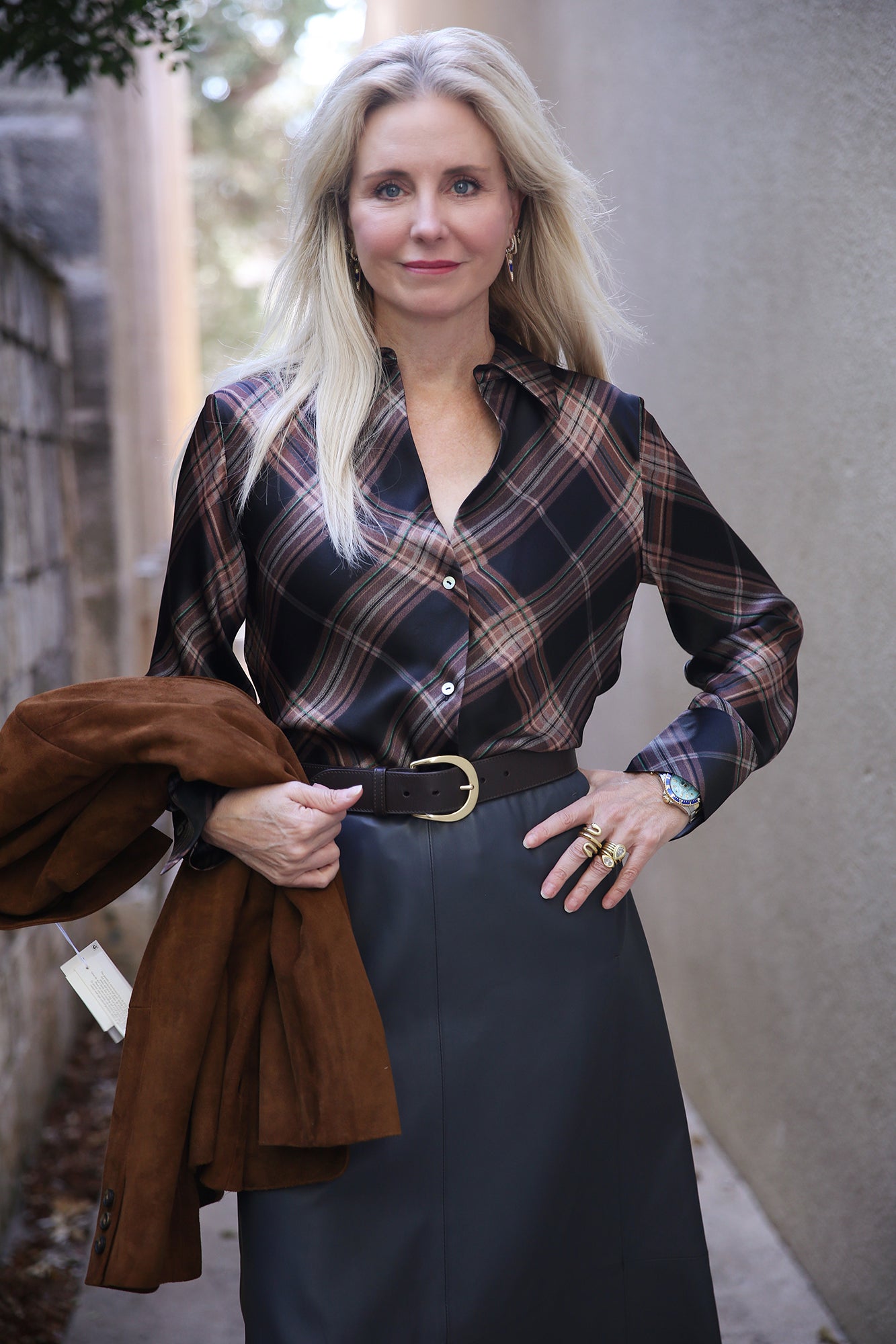 Silk Plaid Bias Long-Sleeve Blouse Vintage Petal