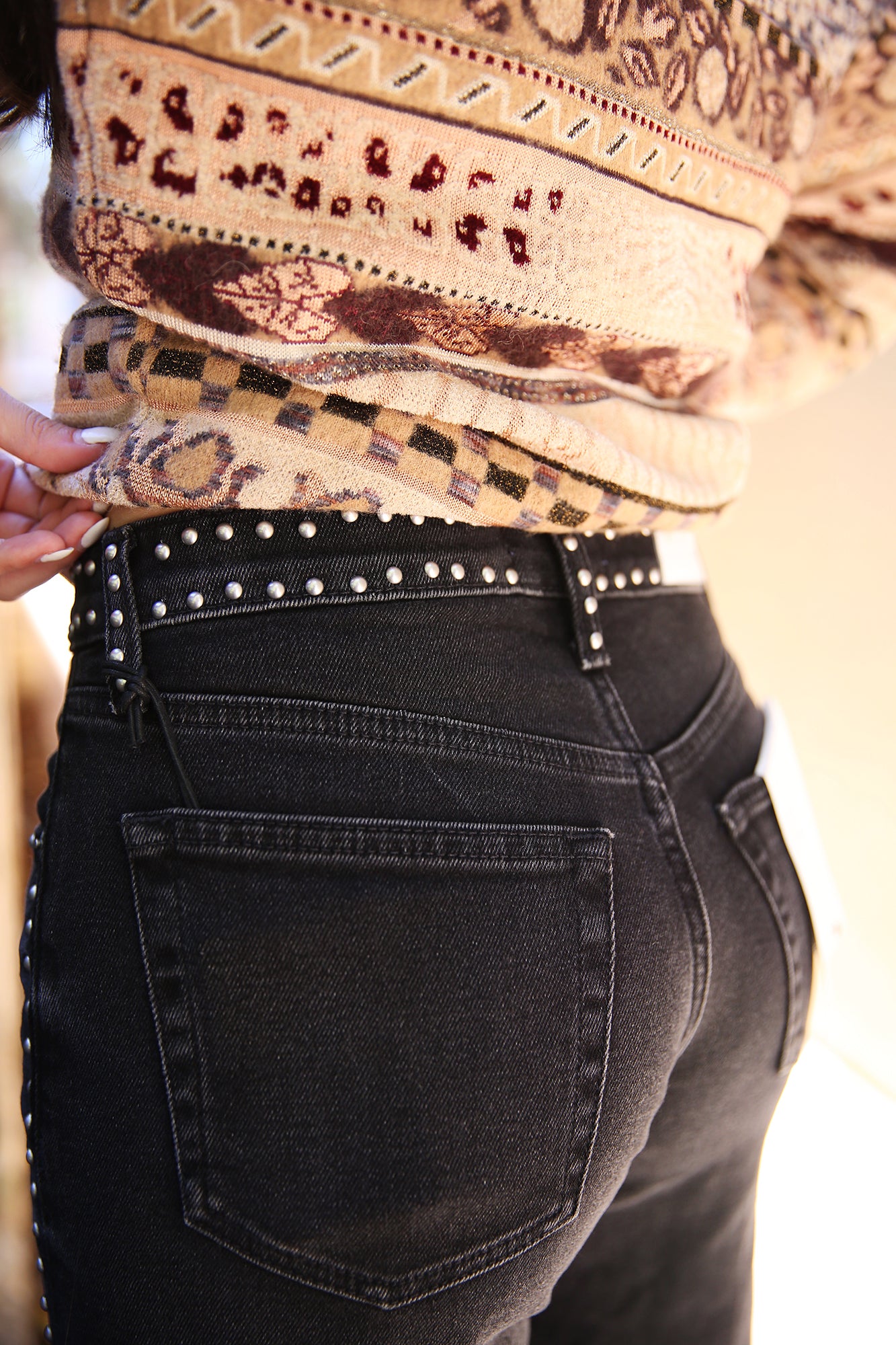 Studded Mid-Rise Wide Leg Denim Crafted Black Stud