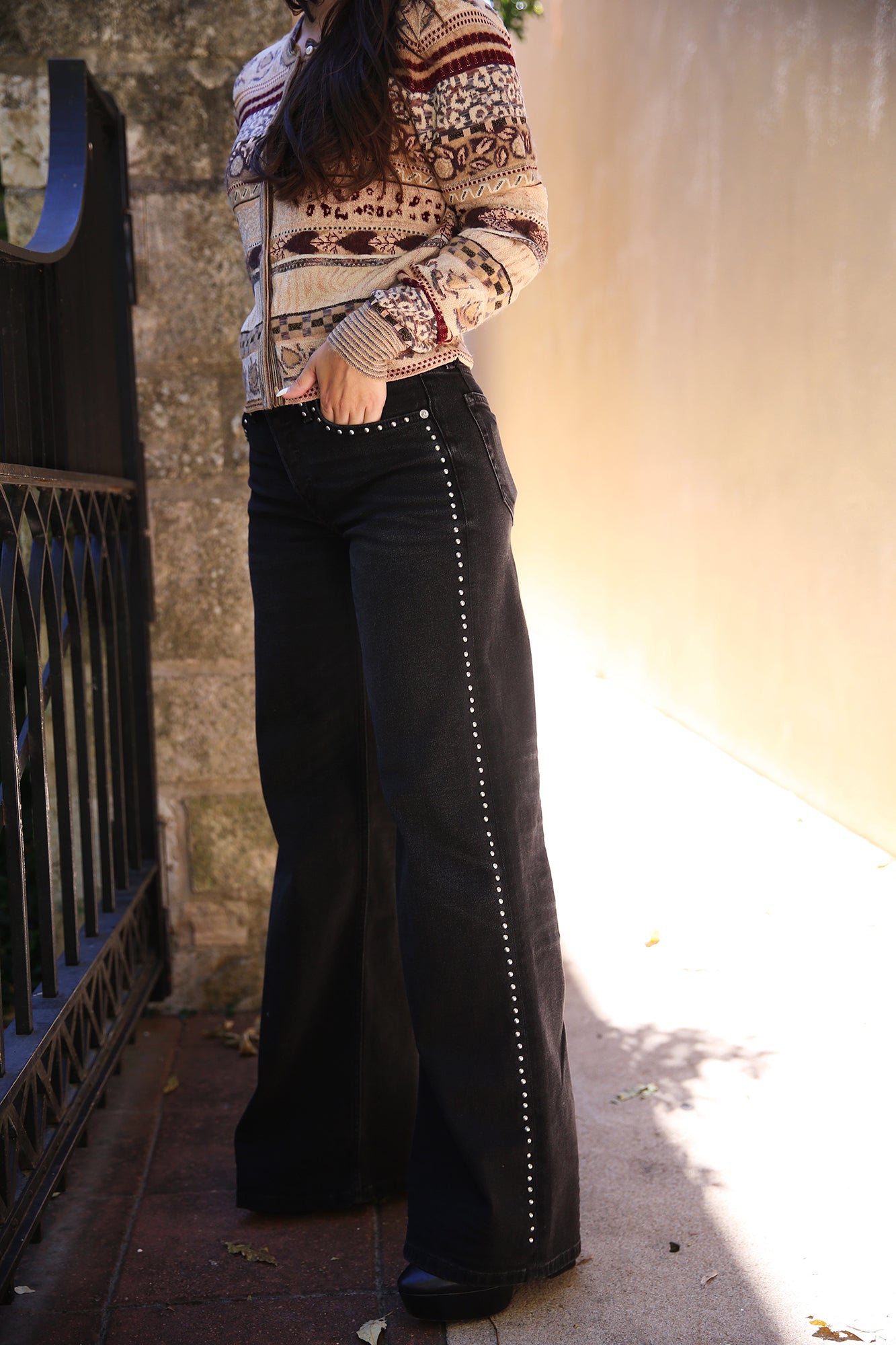 Studded Mid-Rise Wide Leg Denim Crafted Black Stud