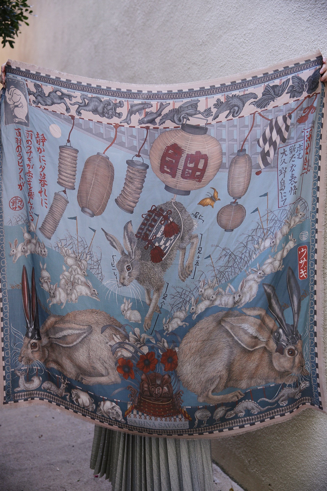 The Floating Rabbits Wool Silk Scarf Cameo/Rice 135cm x 135cm