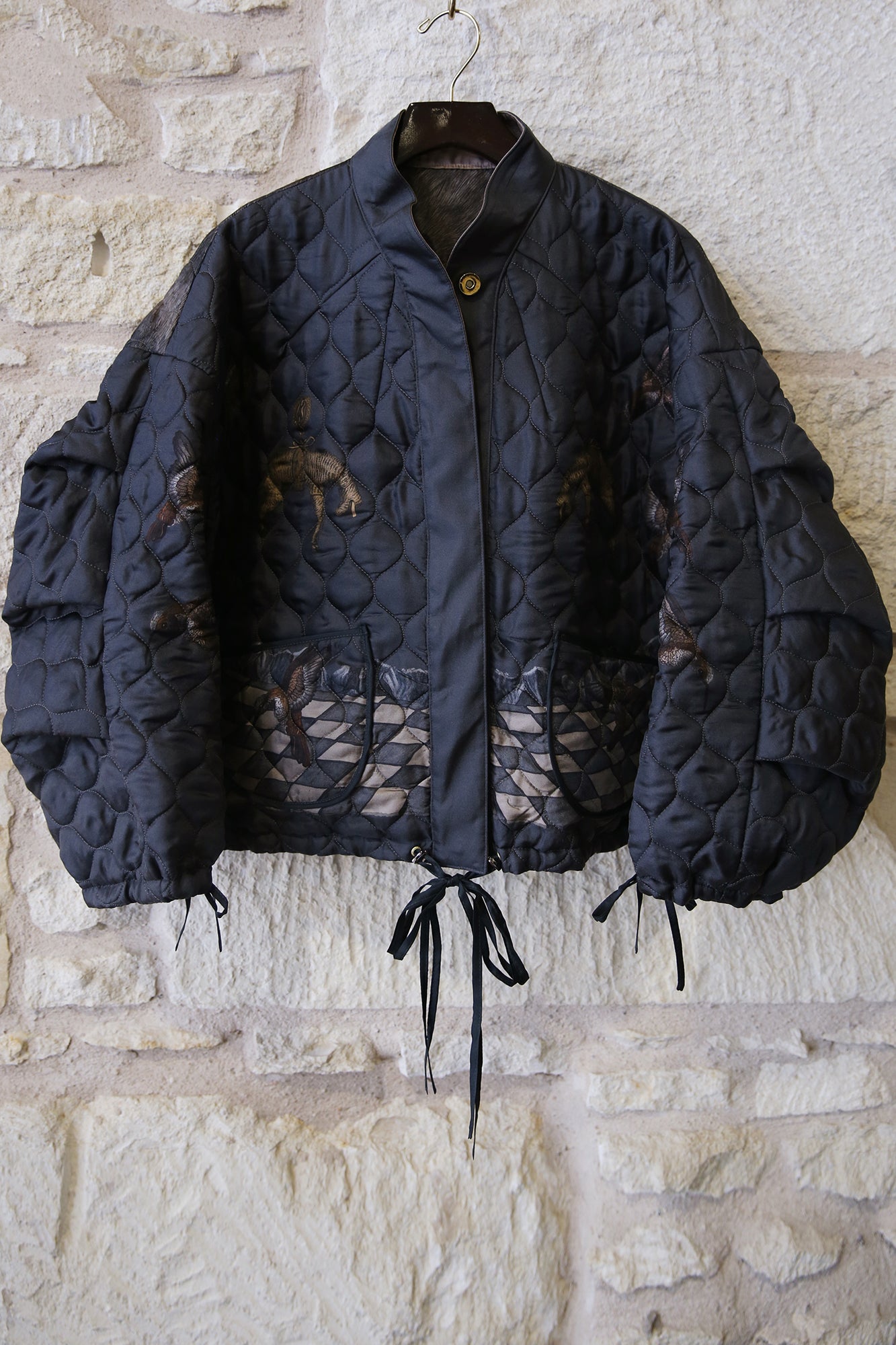 The Wolf You Feed Wild Americana 100% Silk Twill Reversible Quilted Bomber Jacket