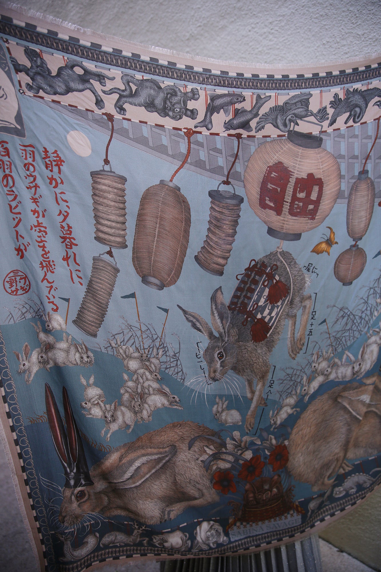 The Floating Rabbits Wool Silk Scarf Cameo/Rice 135cm x 135cm