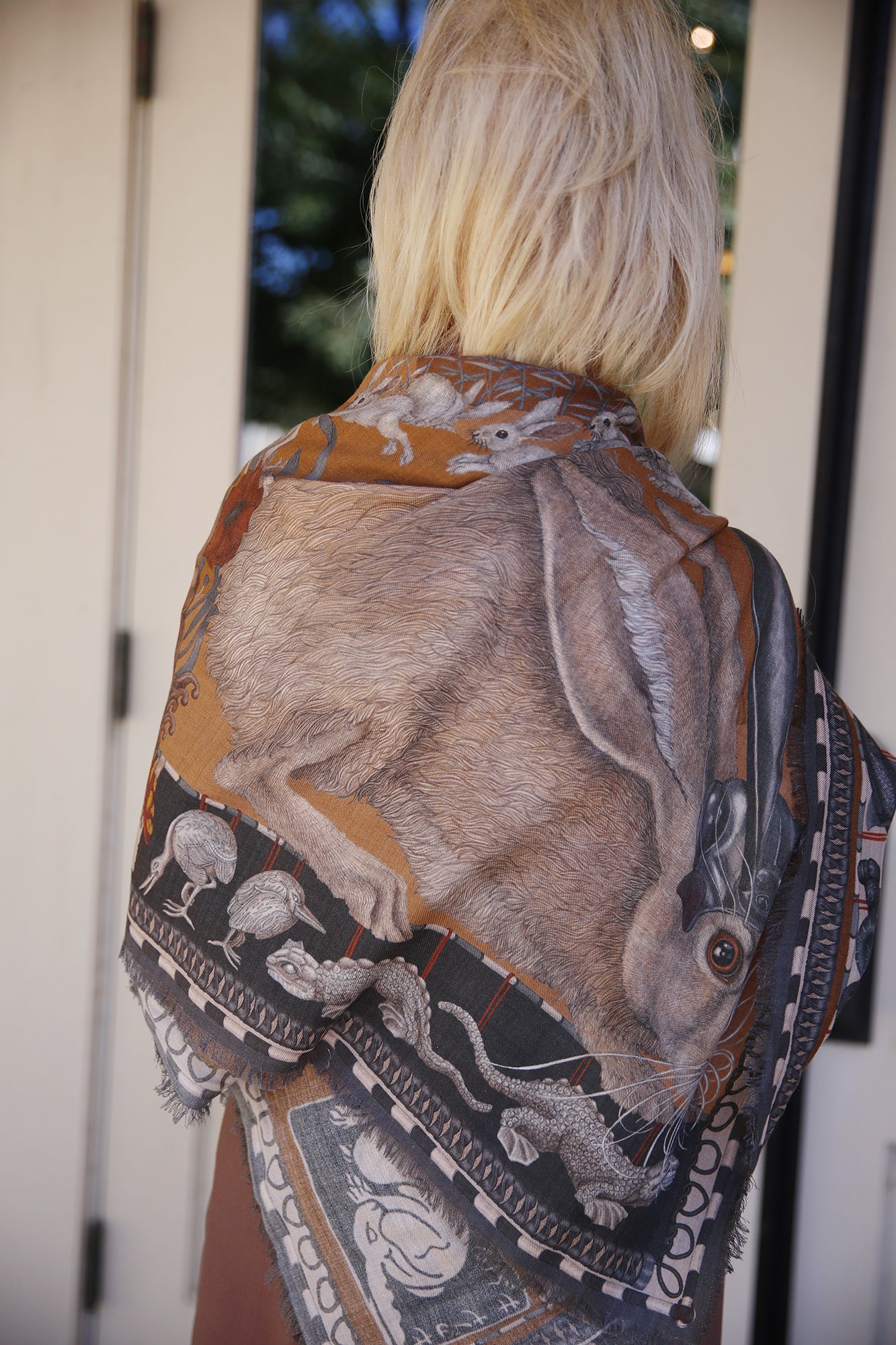 The Floating Rabbits Wool Silk Scarf Cinnamon/Sienna 135cm x 135cm