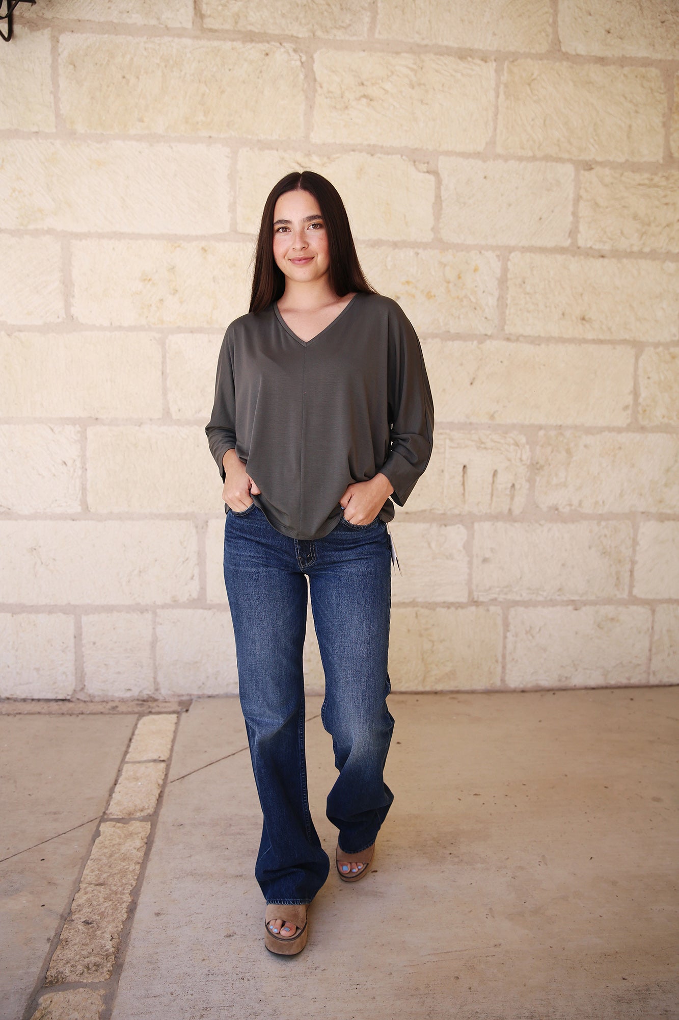 V-Neck Dolman 3/4 Sleeve Top-GRVE