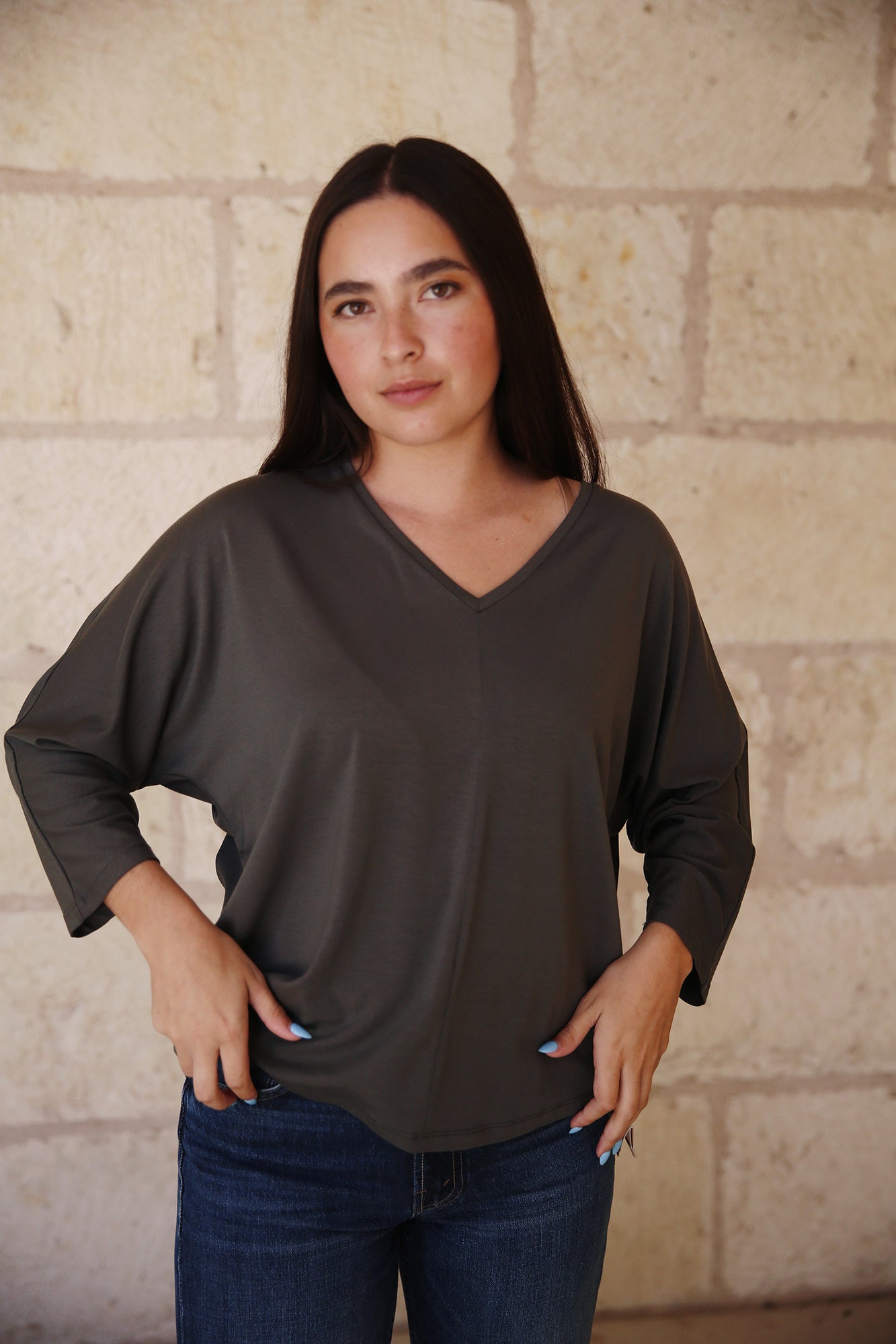 V-Neck Dolman 3/4 Sleeve Top-GRVE
