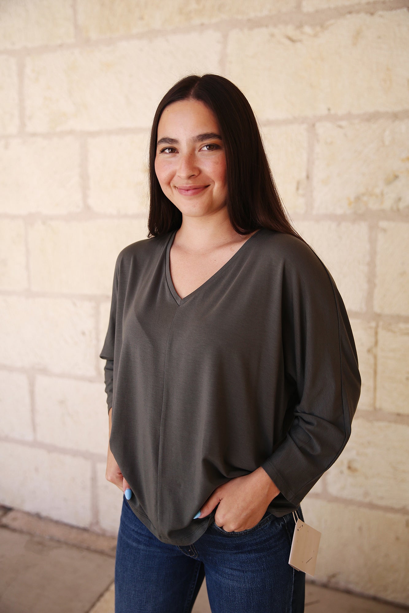 V-Neck Dolman 3/4 Sleeve Top-GRVE