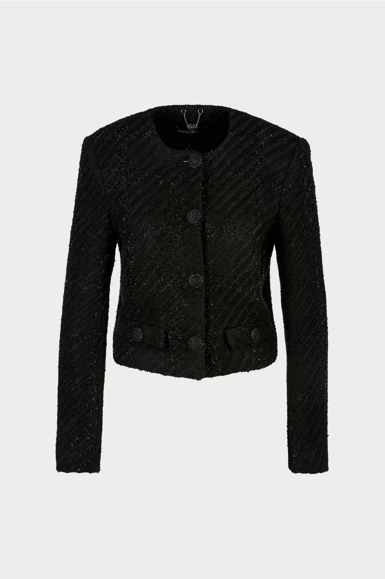 This Timeless Blooms Jacket from Marc Cain features a refined flat longitudinal fabric design with rhombus accents, for a stylish and sophisticated look. Its slim cut is defined by bust darts and princess seams for a perfect fit, and its front is highlighted with curved decorative buttons. Add an extra touch of sparkle with shimmering yarn.