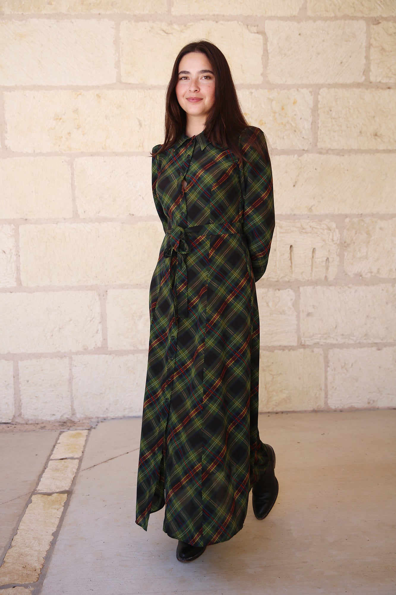 Vanessa-B Silk Dress Tartan Olive Diagonal