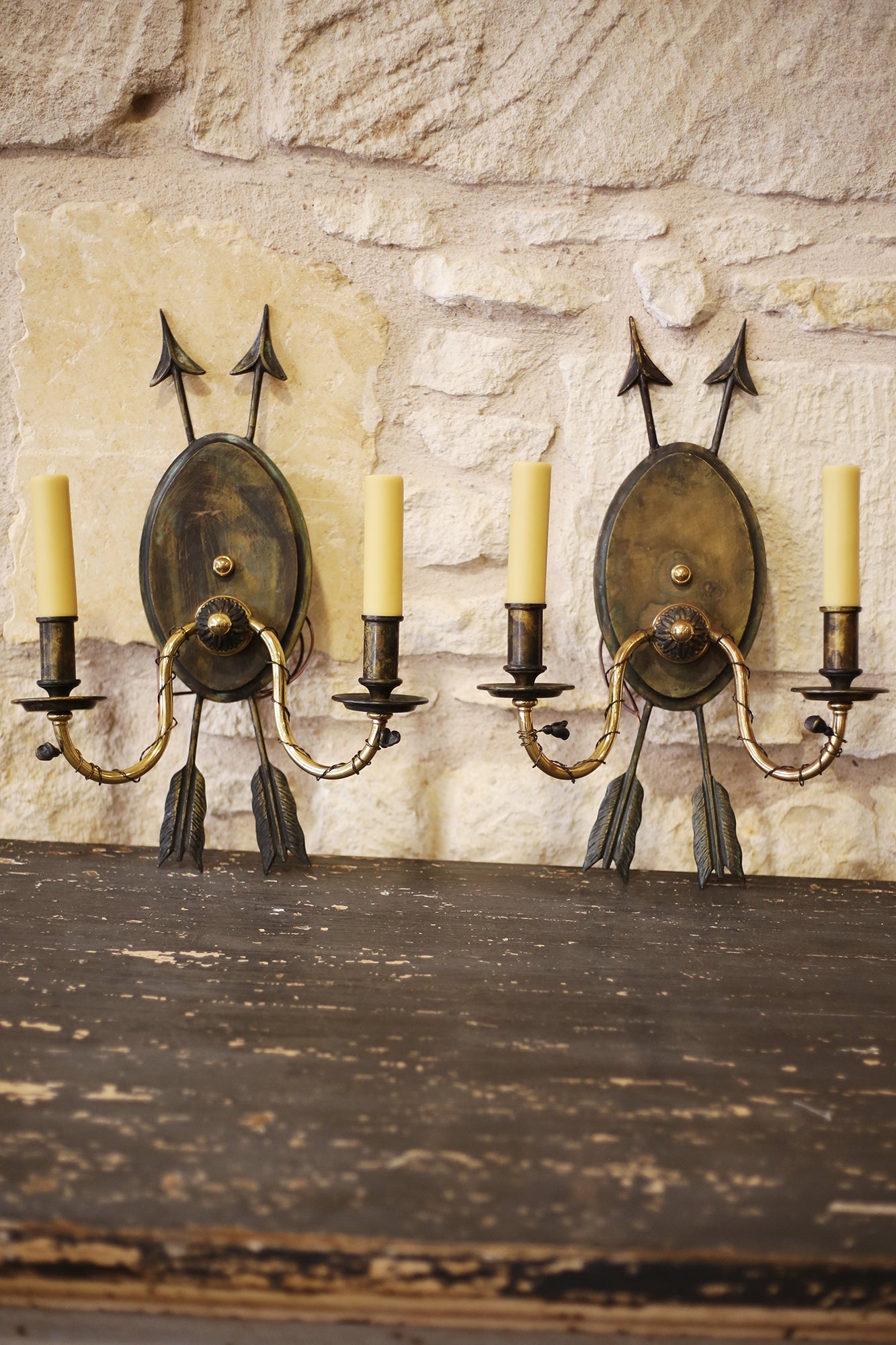 PAIR Vintage Bronze Arrow Sconces