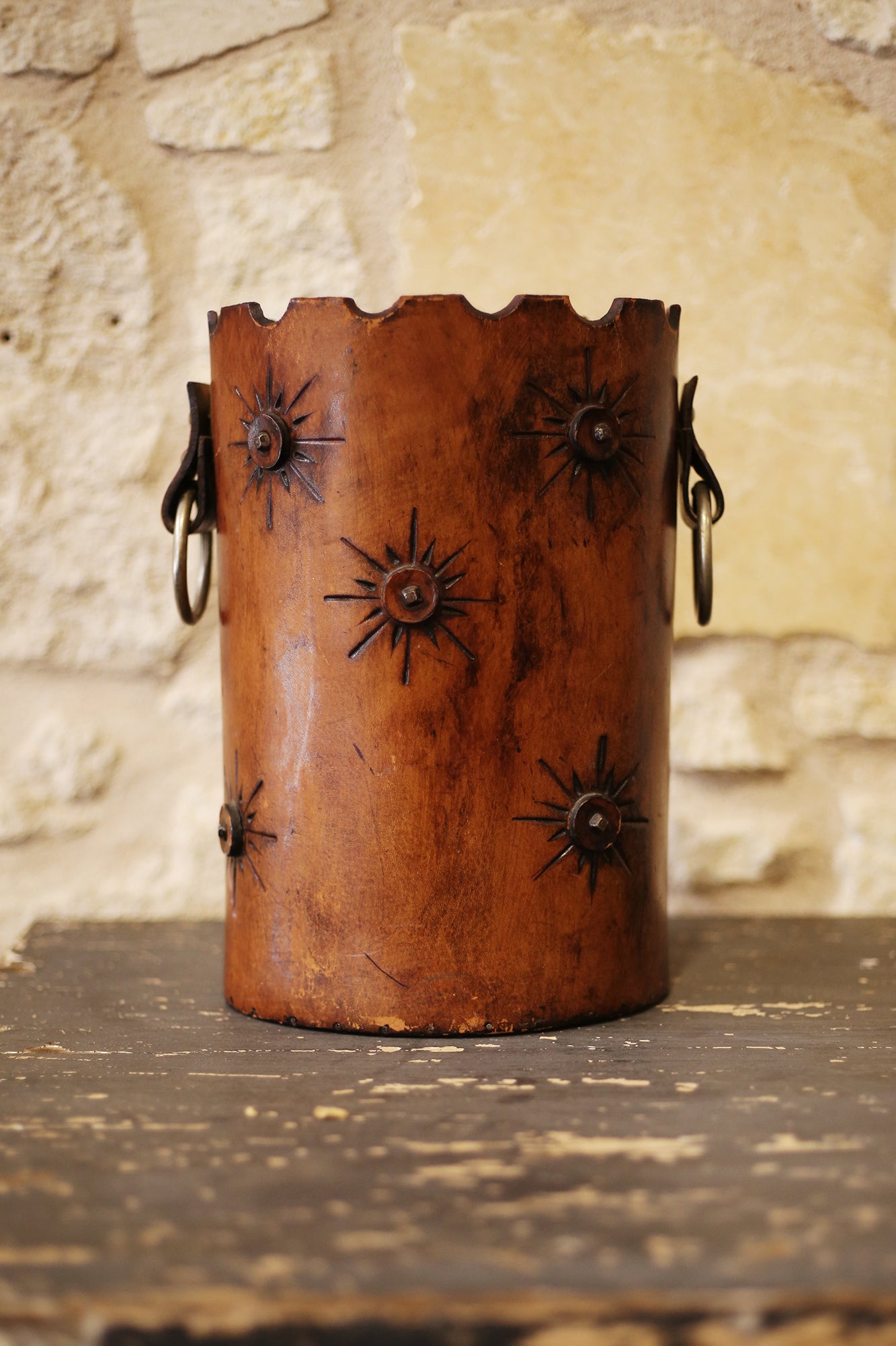 Vintage Leather Bucket & Wastebasket with Brass Rings