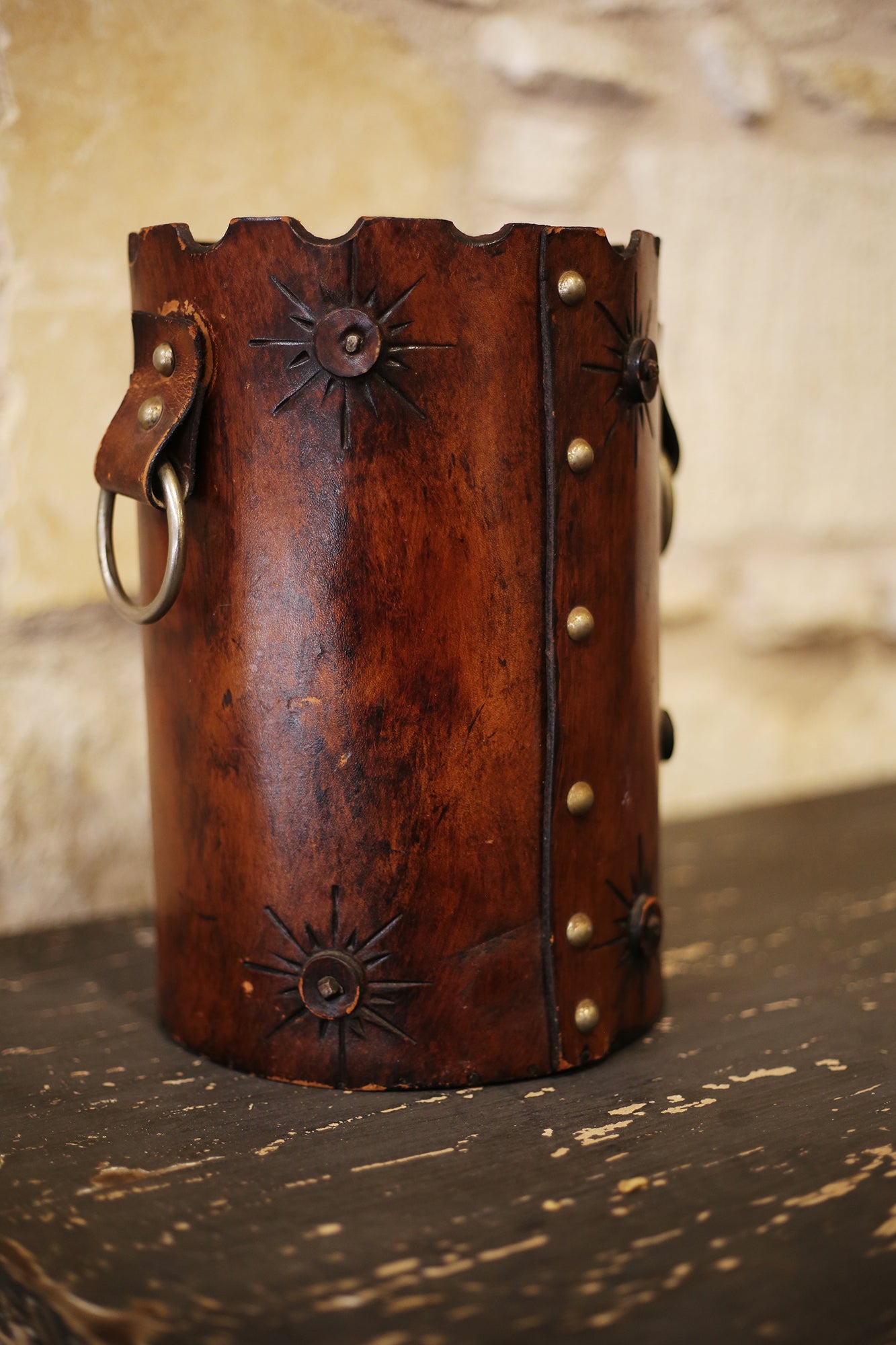 Vintage Leather Bucket & Wastebasket with Brass Rings