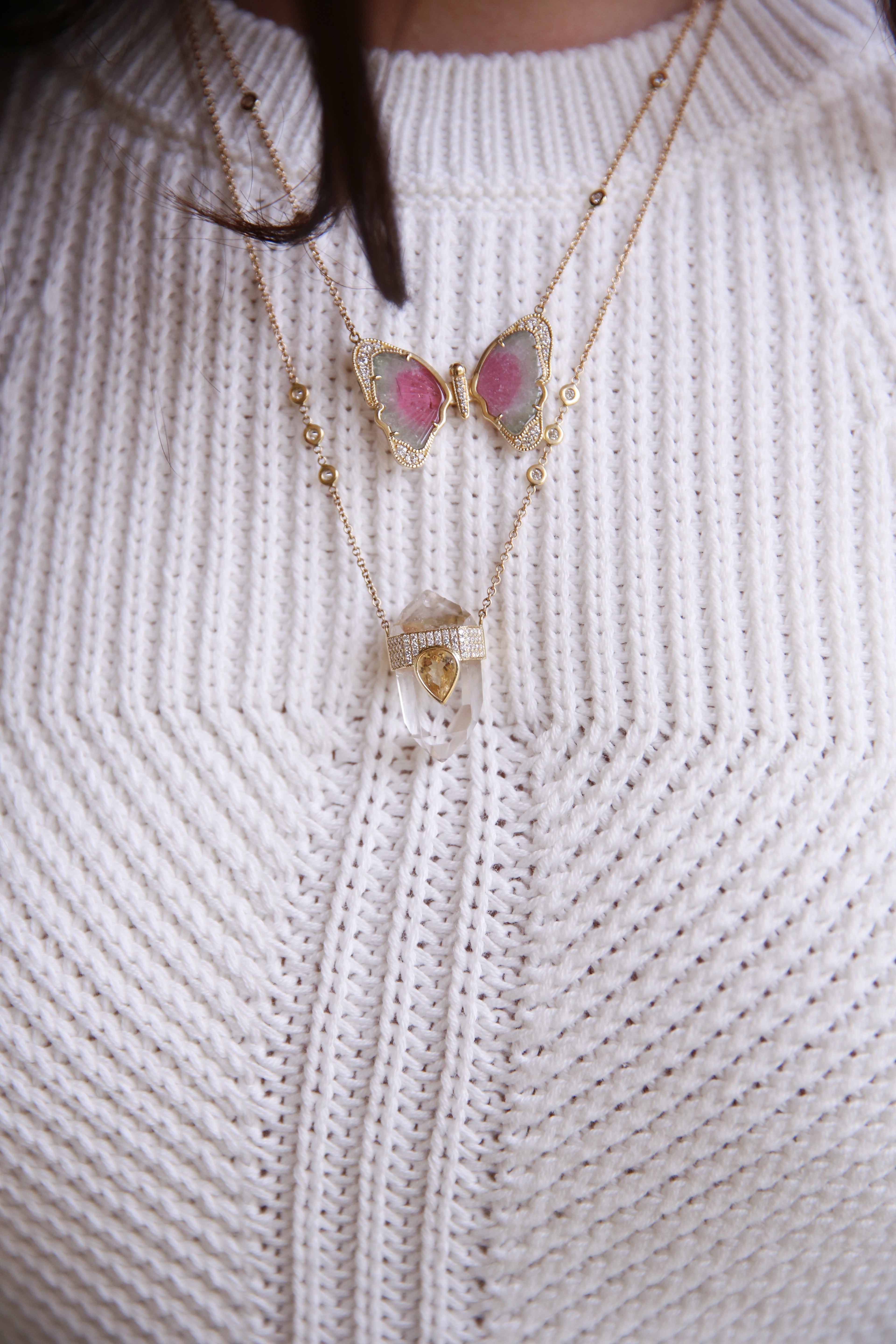Watermelon Tourmaline Pave Butterfly Necklace