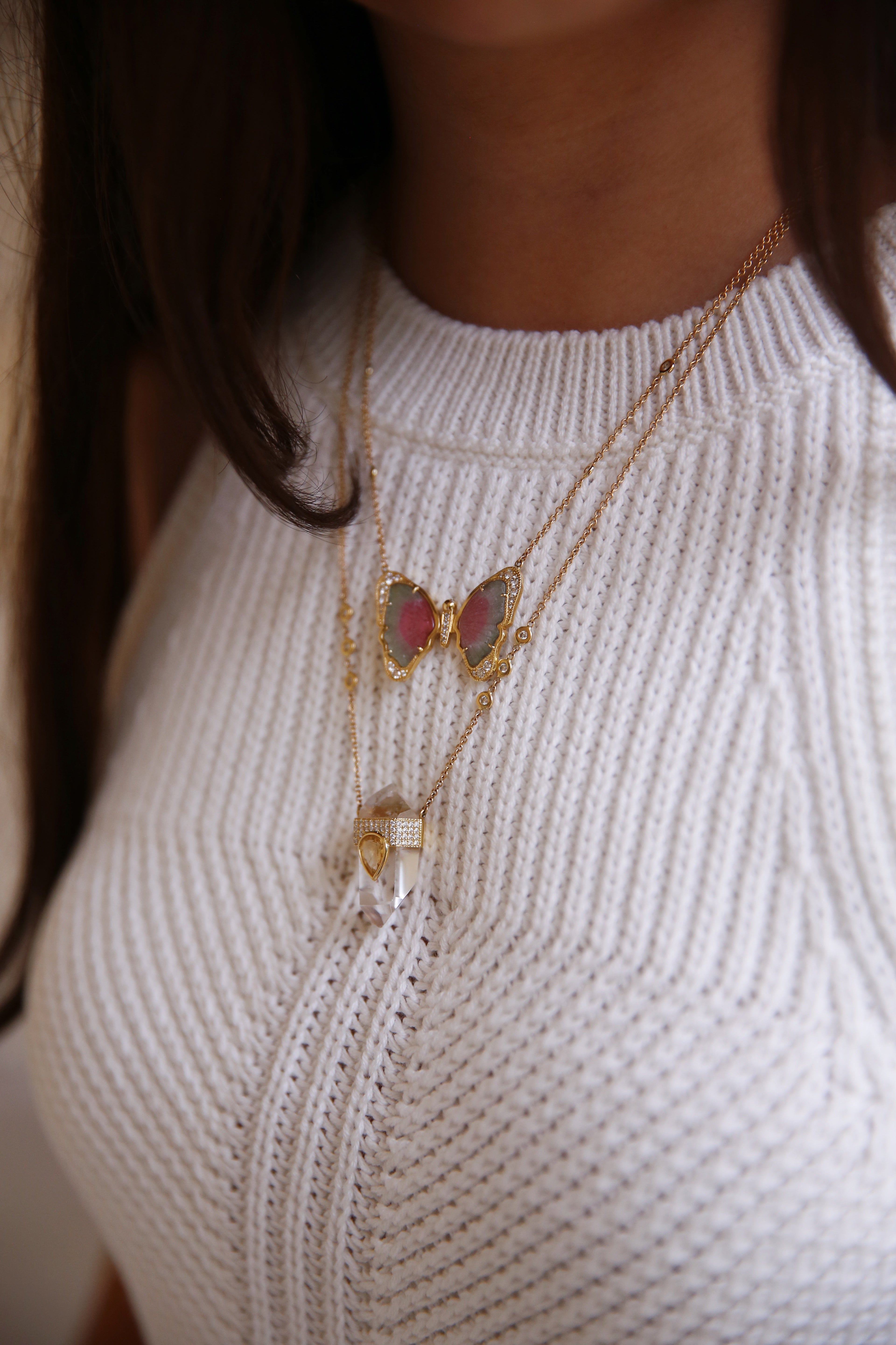 Watermelon Tourmaline Pave Butterfly Necklace
