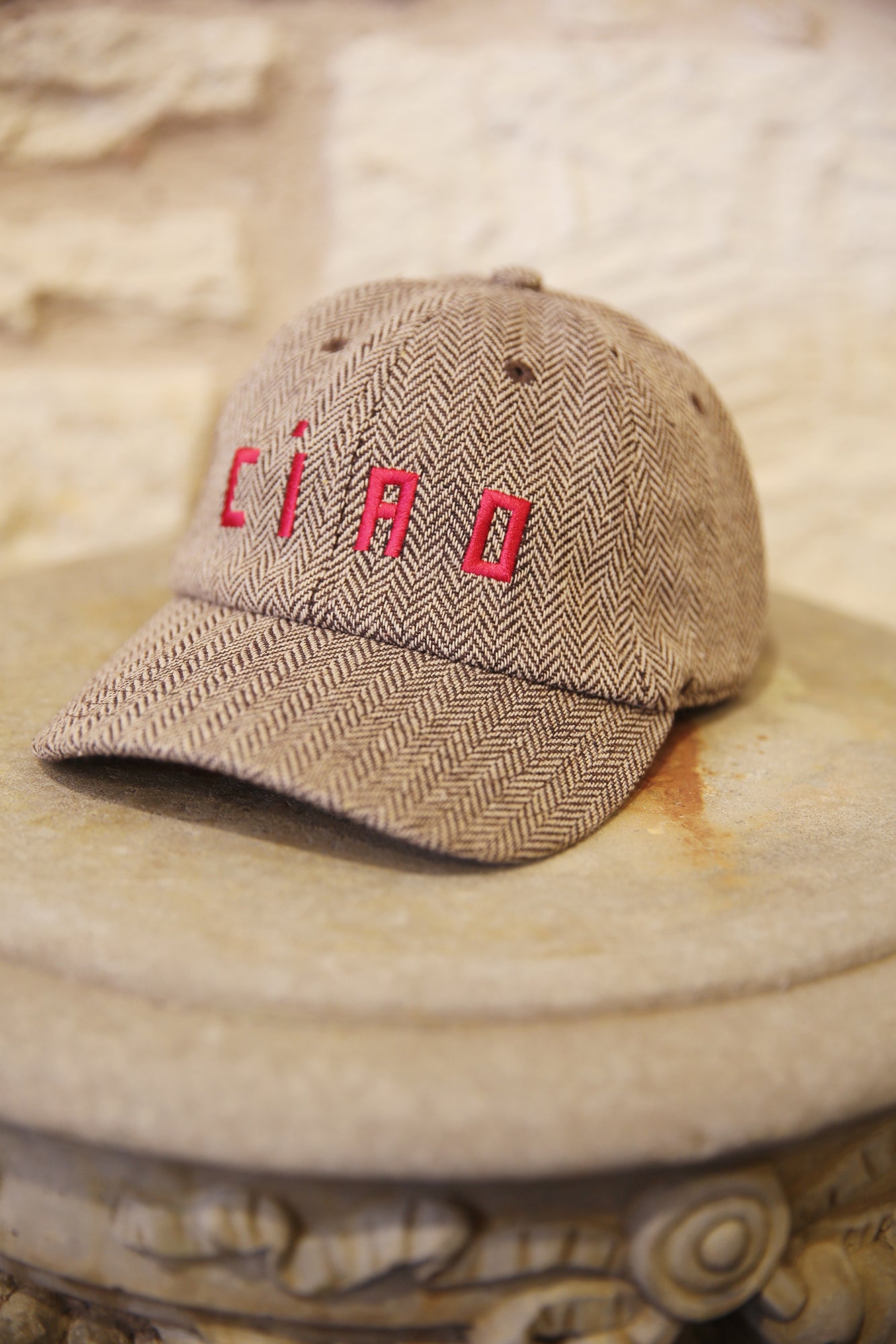 Wool Baseball Hat Taupe w/Super Red Embroidered Ciao