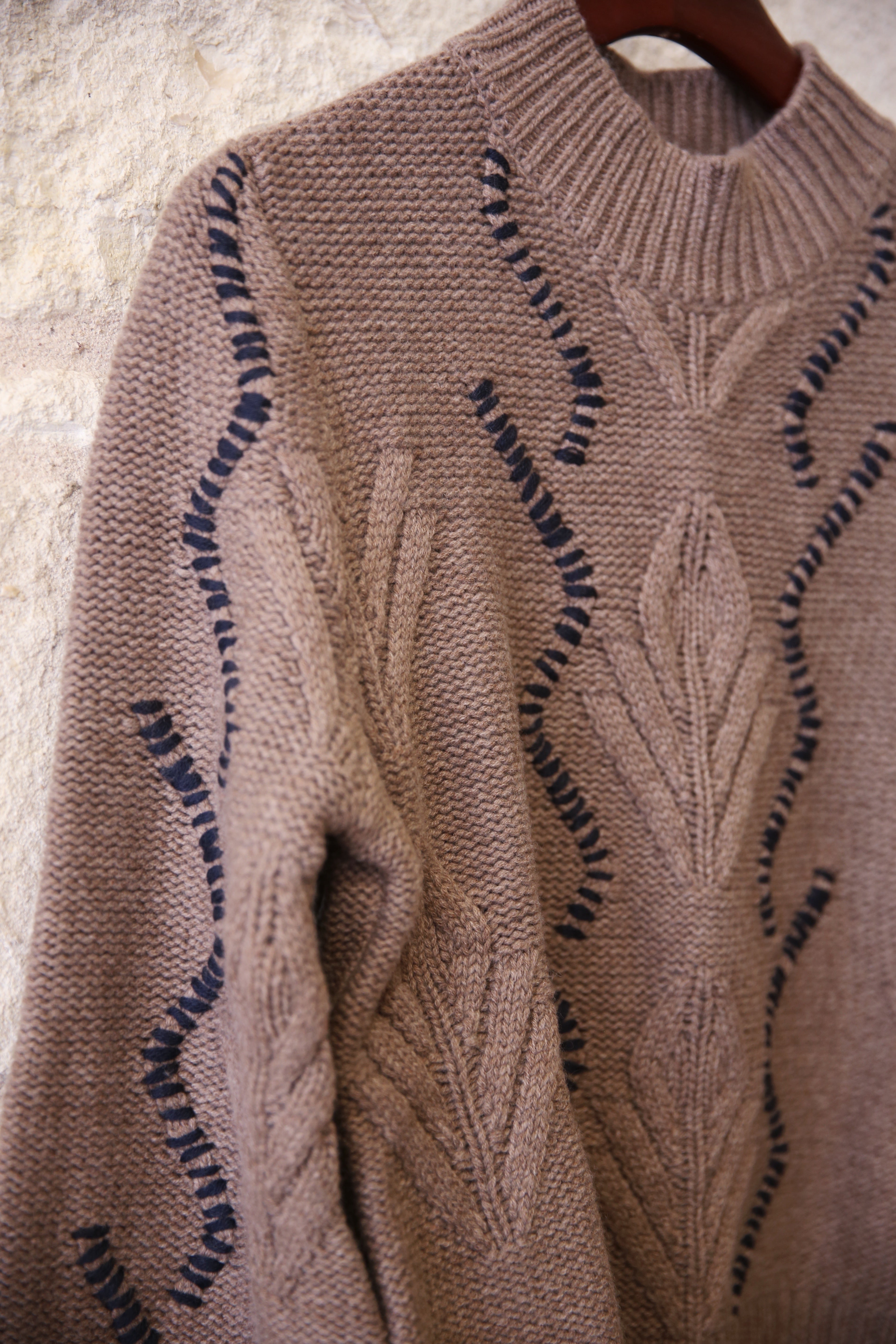 Wool Cashmere Overstitch Cable Turtle Sweater