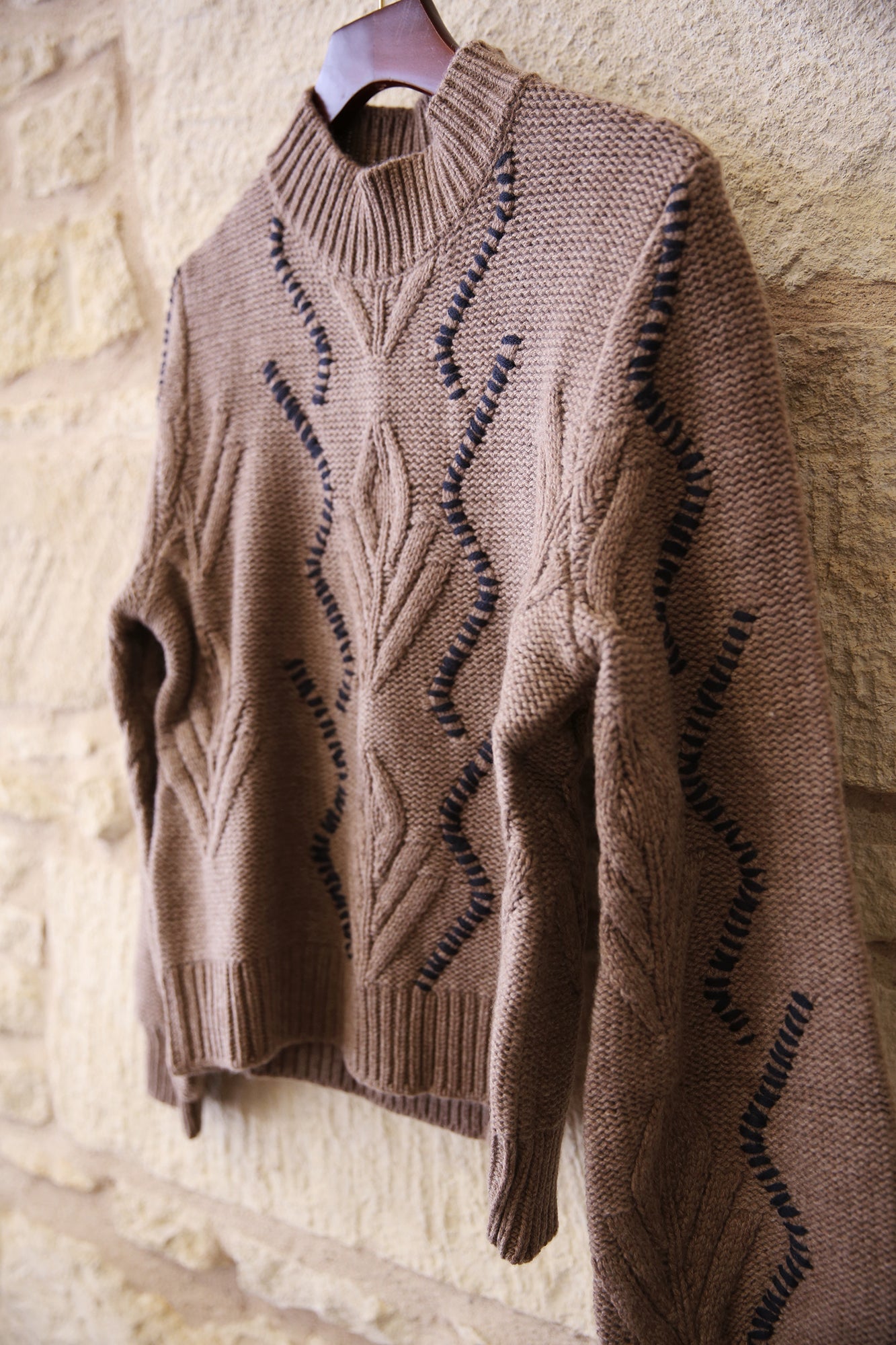 Wool Cashmere Overstitch Cable Turtle Sweater