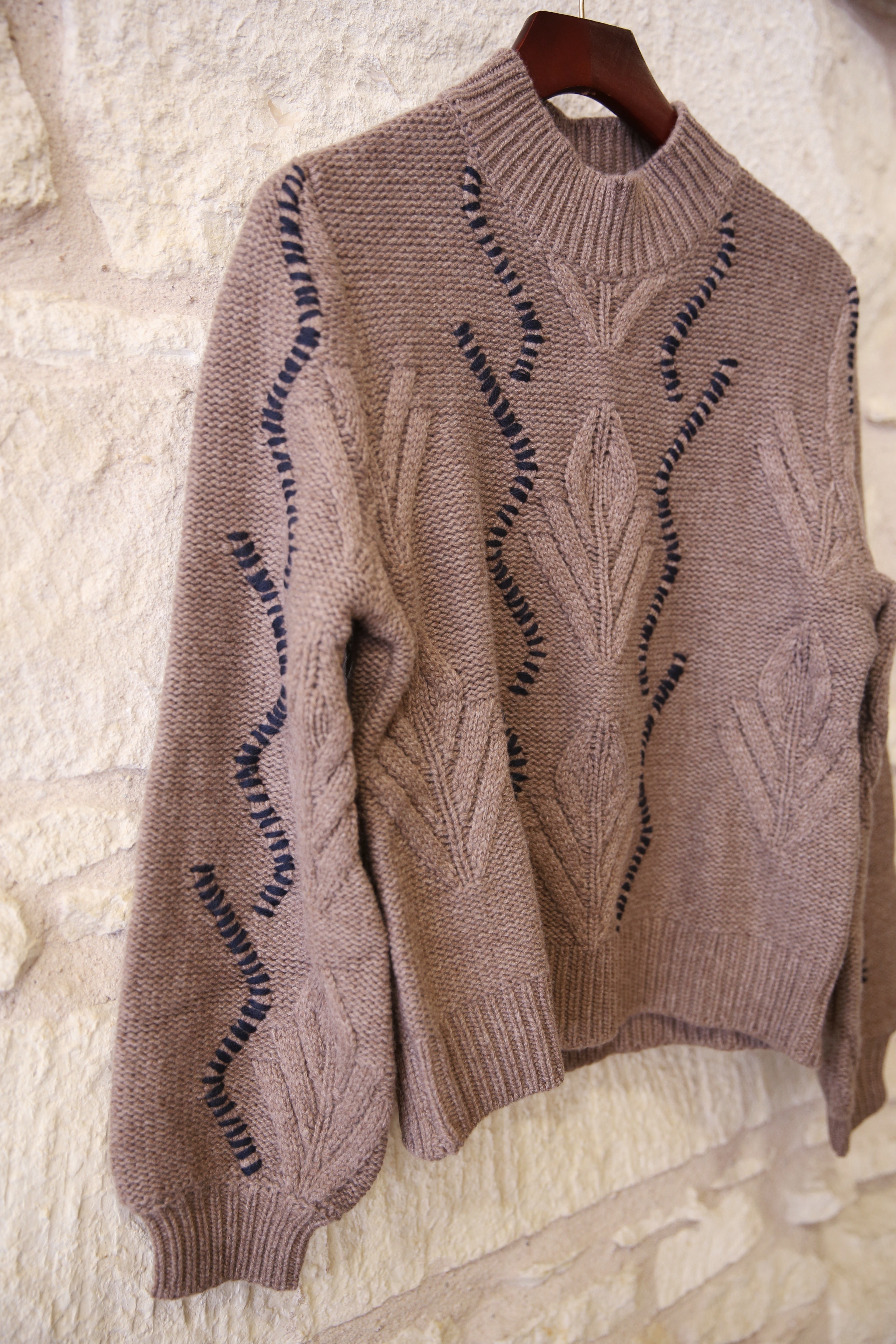 Wool Cashmere Overstitch Cable Turtle Sweater