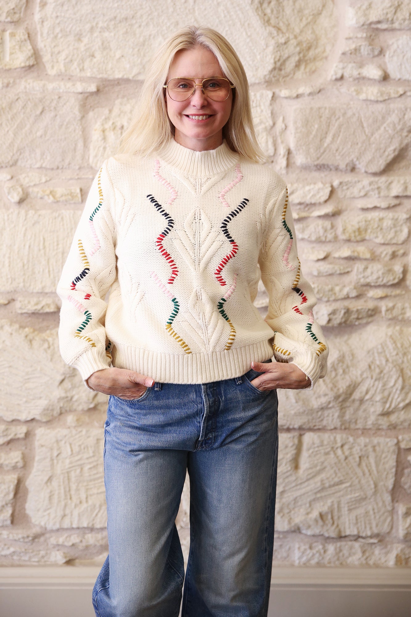Wool Cashmere Overstitch Cable Turtle Sweater
