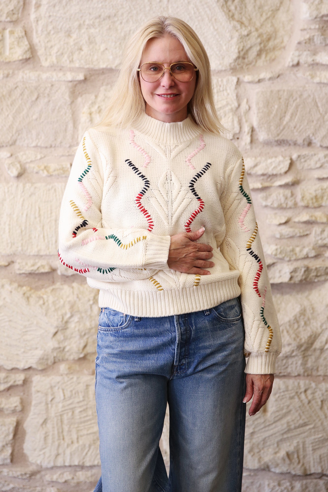 Wool Cashmere Overstitch Cable Turtle Sweater
